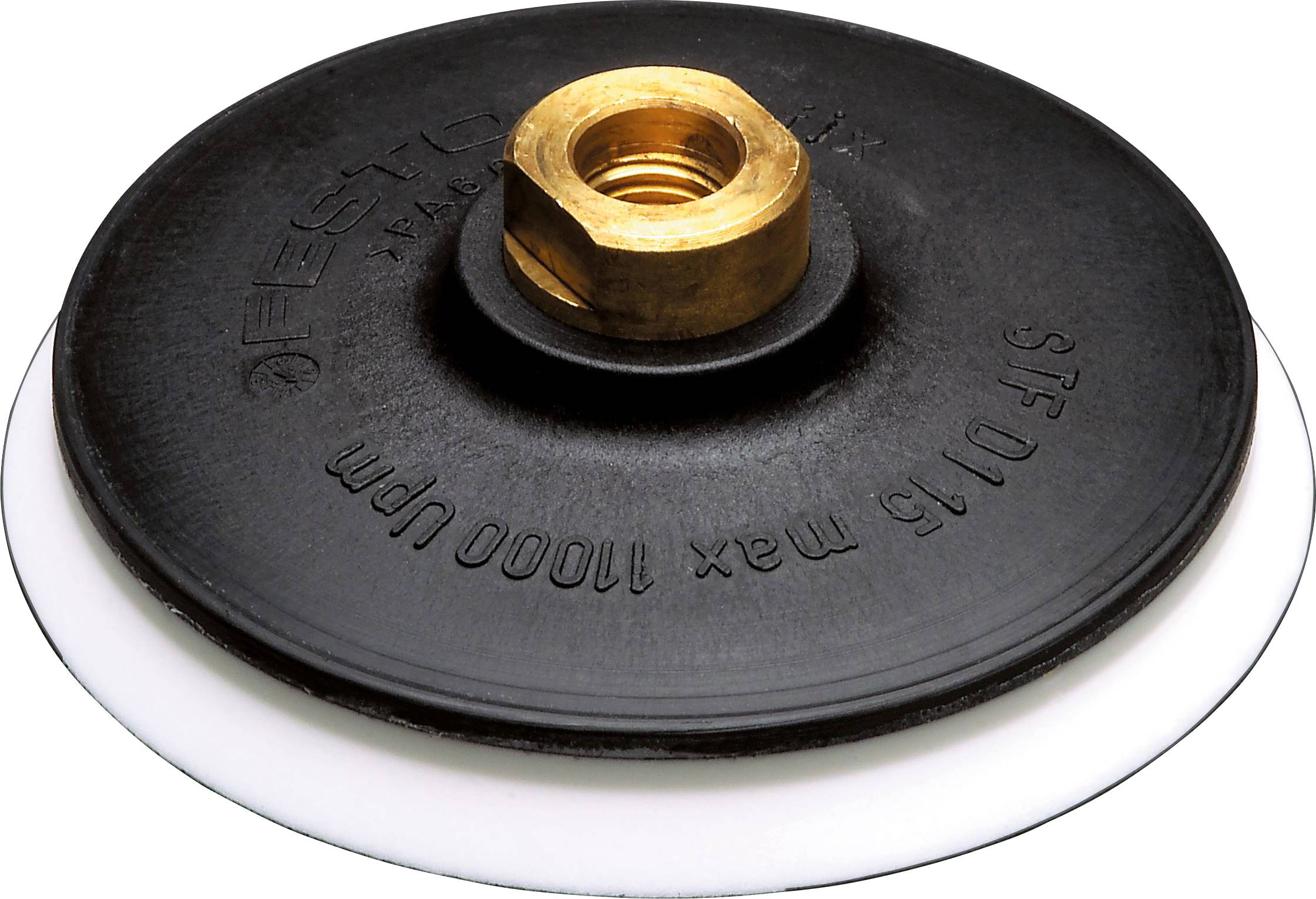 Schwarz-weiße Schleifscheibe mit messingfarbener Mittelbefestigung, gekennzeichnet mit „Max. 11000 U/min