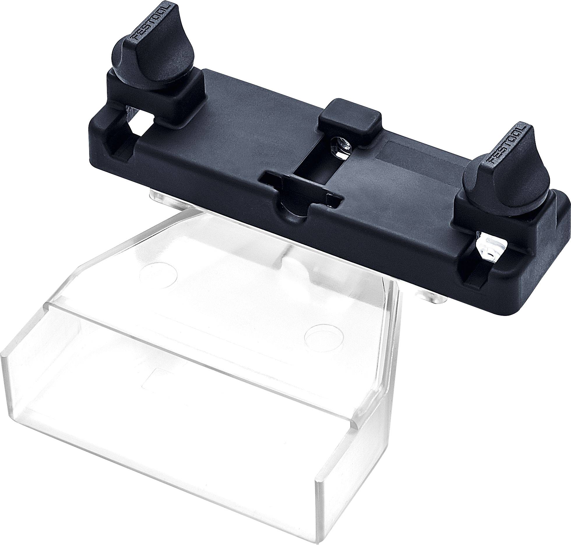 Ein schwarz und transparent gefärbtes Kunststoff-Zubehörteil mit verstellbaren Klemmen, das für ein Festool-Werkzeug verwendet wird, möglicherweise für Staubabsaugung oder Befestigungszwecke.