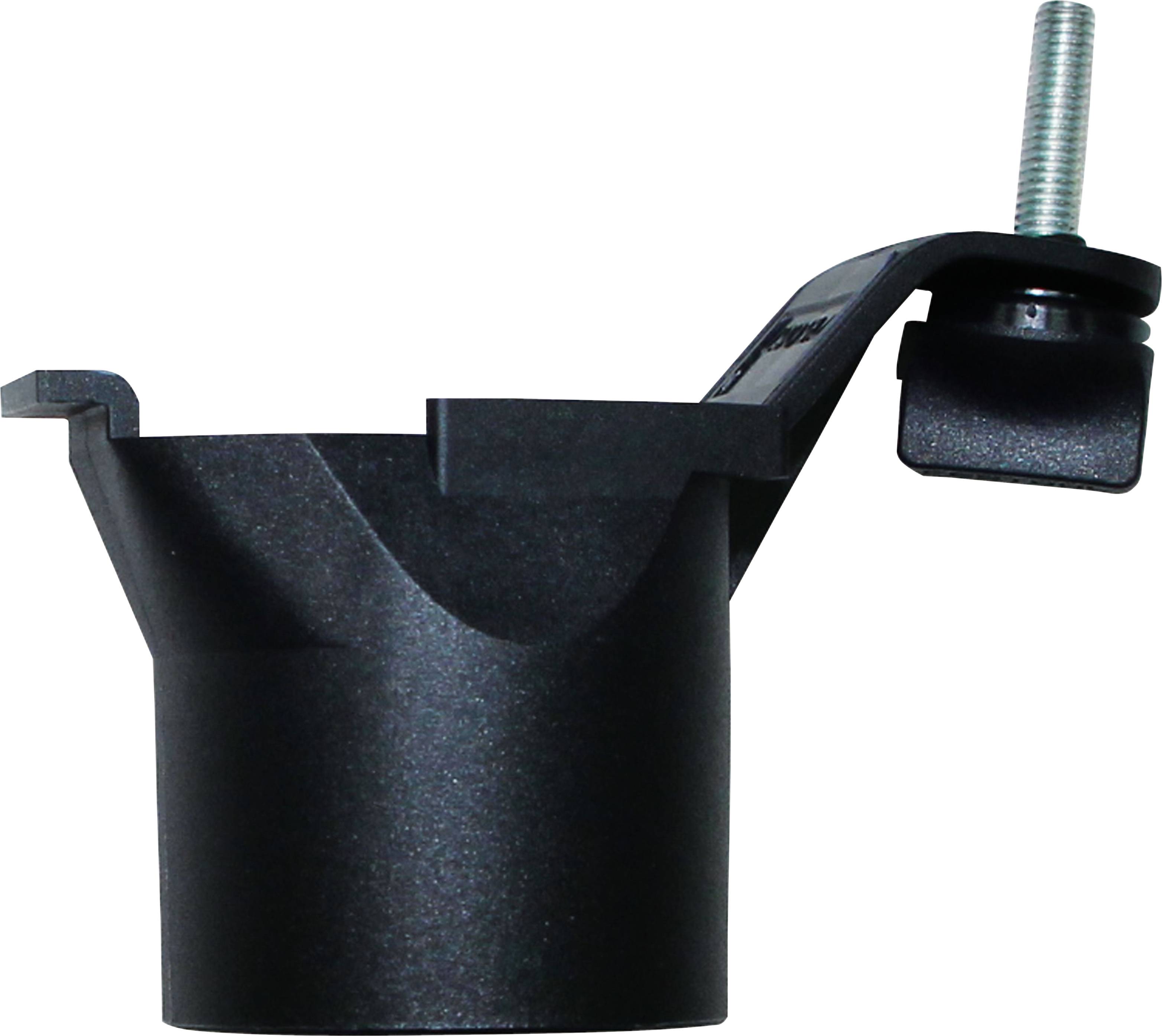 Ein schwarzes Kunststoff-Autoteil mit einem gewinde Metallbolzen oben, wahrscheinlich eine Fahrzeugsensorhalterung oder Halterung.