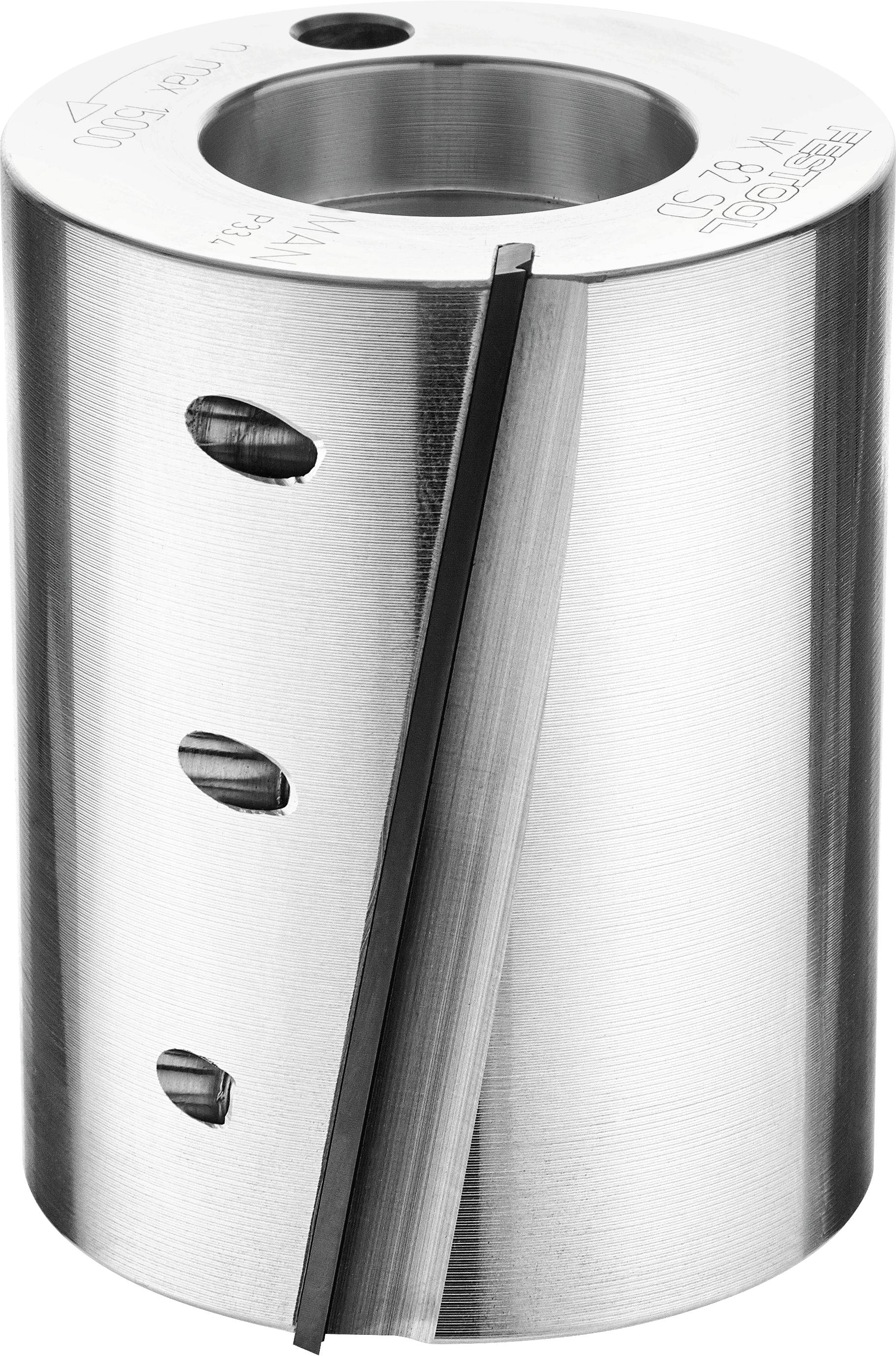 Ein zylindrisches Metallwerkzeug mit Nuten und Löchern, das für Präzisions-Engineering oder Bearbeitungsaufgaben verwendet wird und eine polierte Oberfläche aufweist.