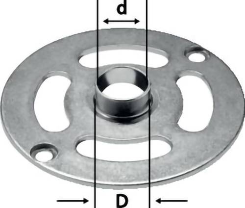 Metallscheibe mit drei Schlitzen und zwei Löchern, mit Außendurchmesser 'D' und Innendurchmesser 'd'.