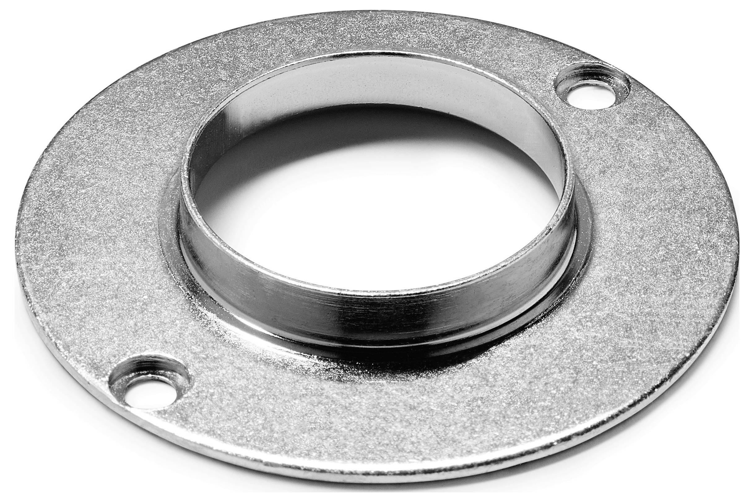 Ein metallischer kreisförmiger Flansch mit zwei Schraubenlöchern zur Montage, mit einem erhöhten zentralen Ring.