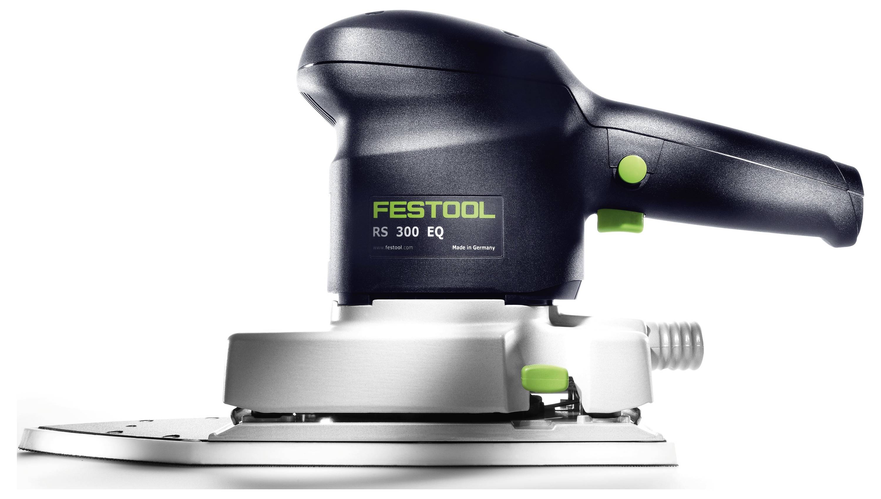 Festool RS 300 EQ Schleifer, schwarz und silberfarben mit grünen Akzenten, von der Seite betrachtet, wobei der Griff und die Basis hervorgehoben werden.