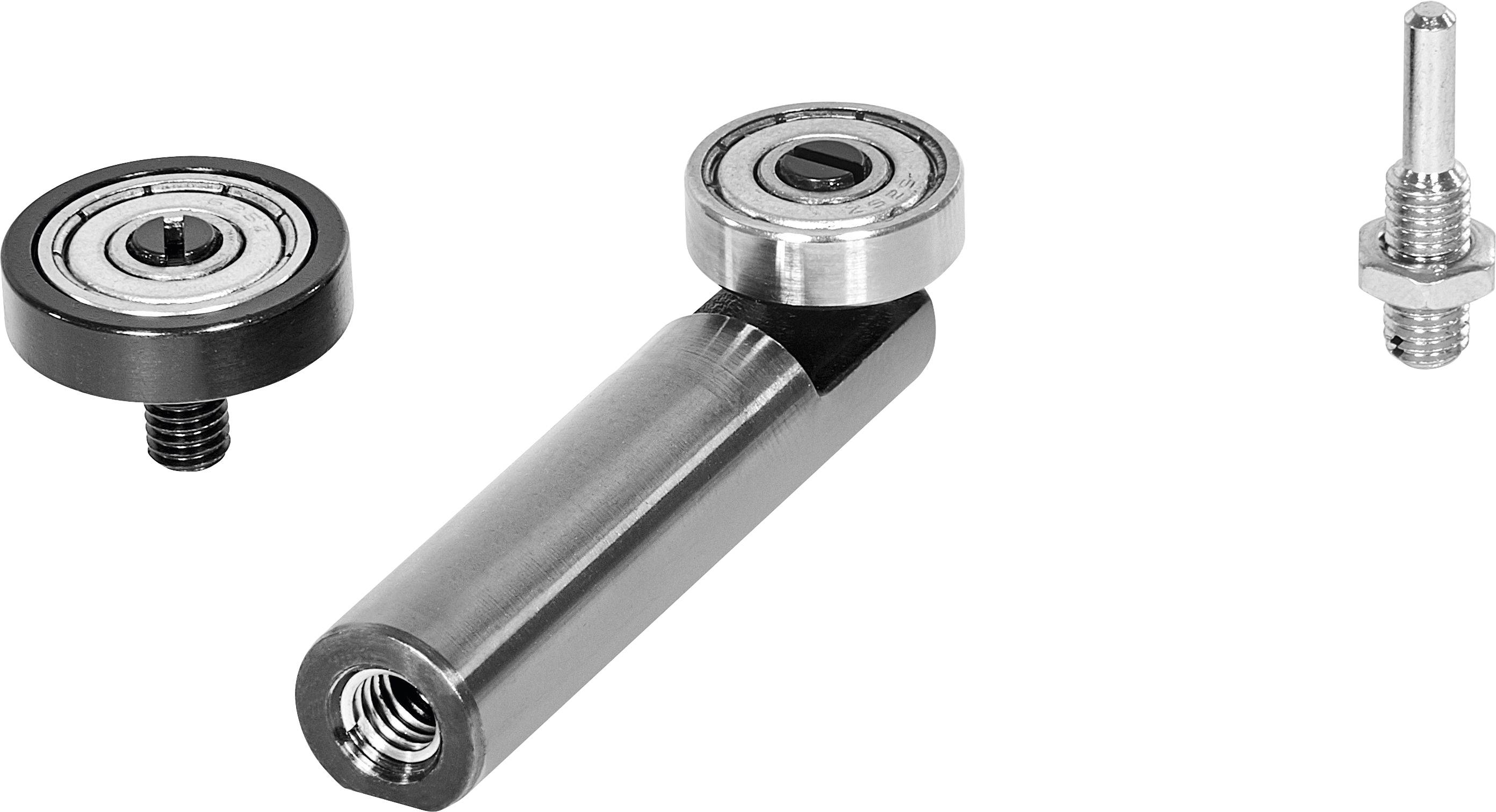 Drei Industriekomponenten: eine zylindrische Metallstange mit Gewinde an den Enden, ein montiertes Lager und eine separate Schraube mit einem Lager.