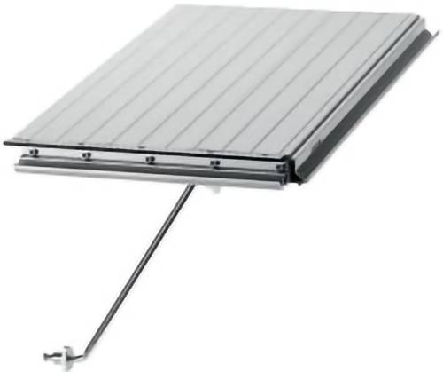 Ein Metallpaneel mit einem Schiebemechanismus wird gezeigt, das einen darunter befestigten Hebel zur Bedienung aufweist.