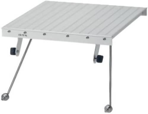 Ein kleiner, tragbarer Klapptisch mit einer lamellierten Metalloberfläche und dünnen Metallbeinen, geeignet zum Camping oder für Outdoor-Aktivitäten.