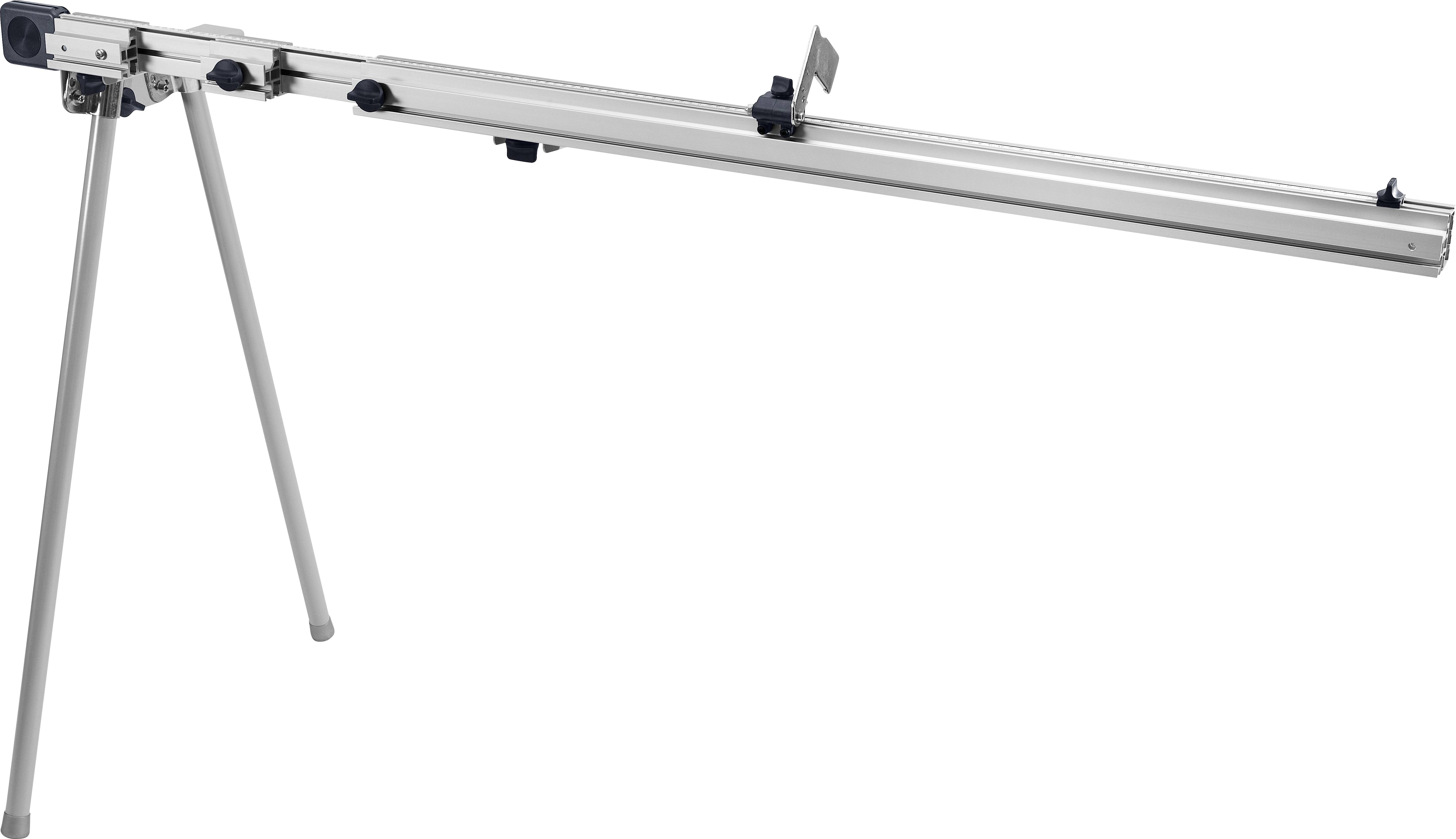 Ein großer silberner Kappsägen-Erweiterungsständer mit verstellbarer Unterstützung und robuster Dreibein-Basis, entwickelt für Holzbearbeitung und Schneidarbeiten.