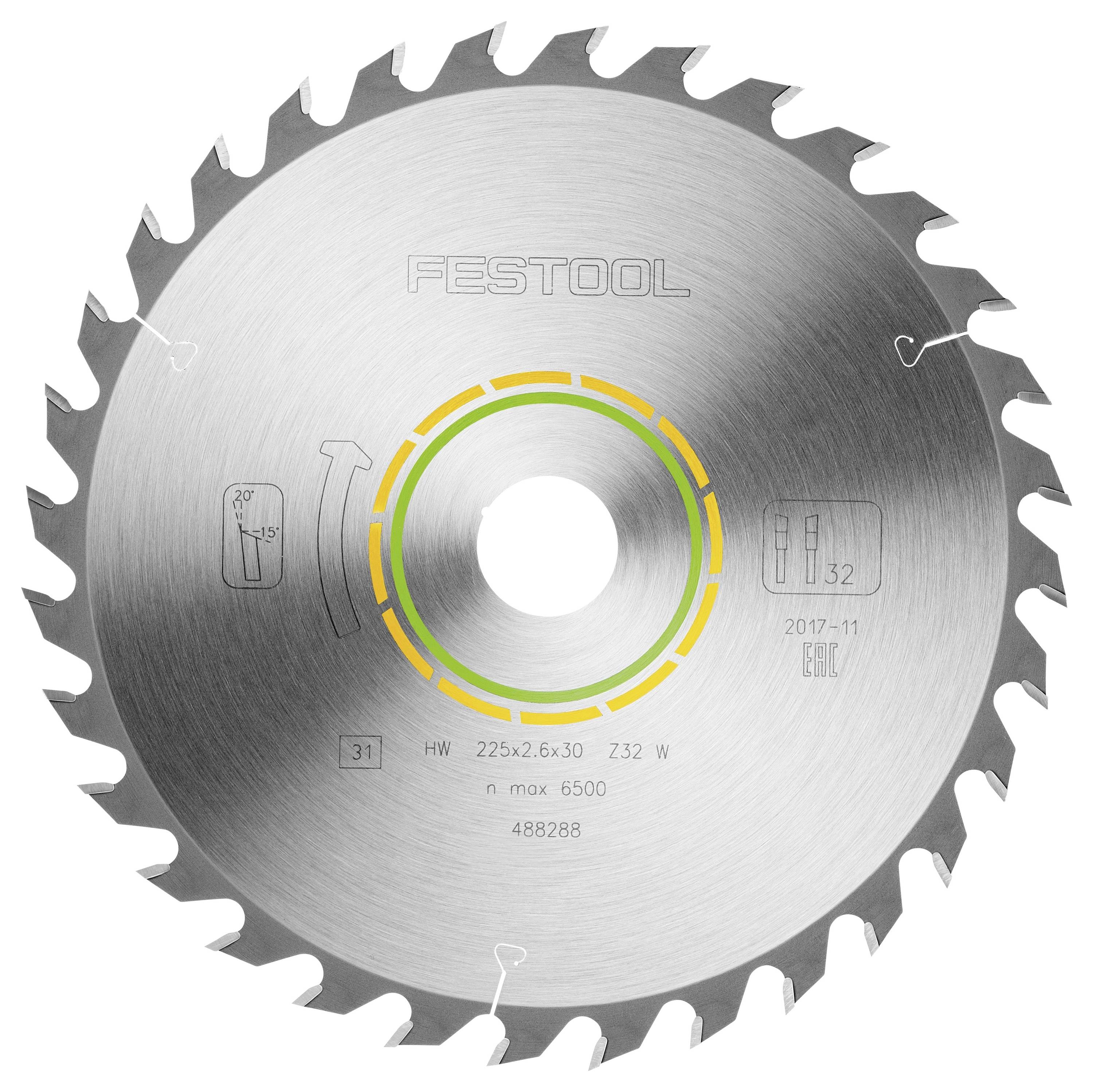 Ein Kreissägeblatt mit Spezifikationen: Durchmesser 225 mm, 32 Zähne, maximale Drehzahl 6500 U/min; Festool-Branding sichtbar.
