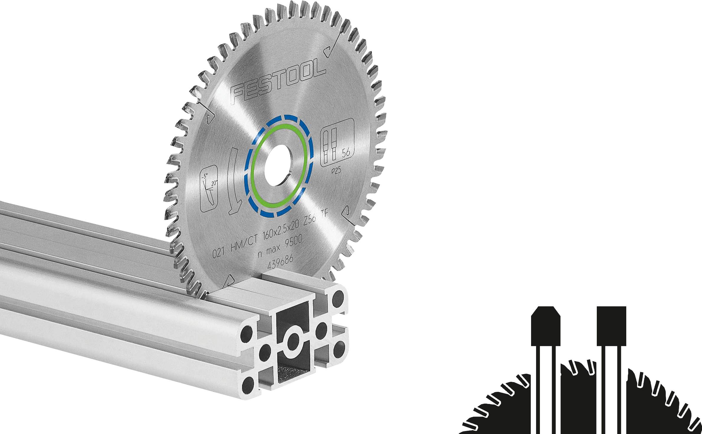 Eine Kreissägeblatt auf einem extrudierten Metallträger positioniert, mit einem eingefügten Diagramm, das die Blattausrichtung und Details des Schneidmechanismus zeigt.