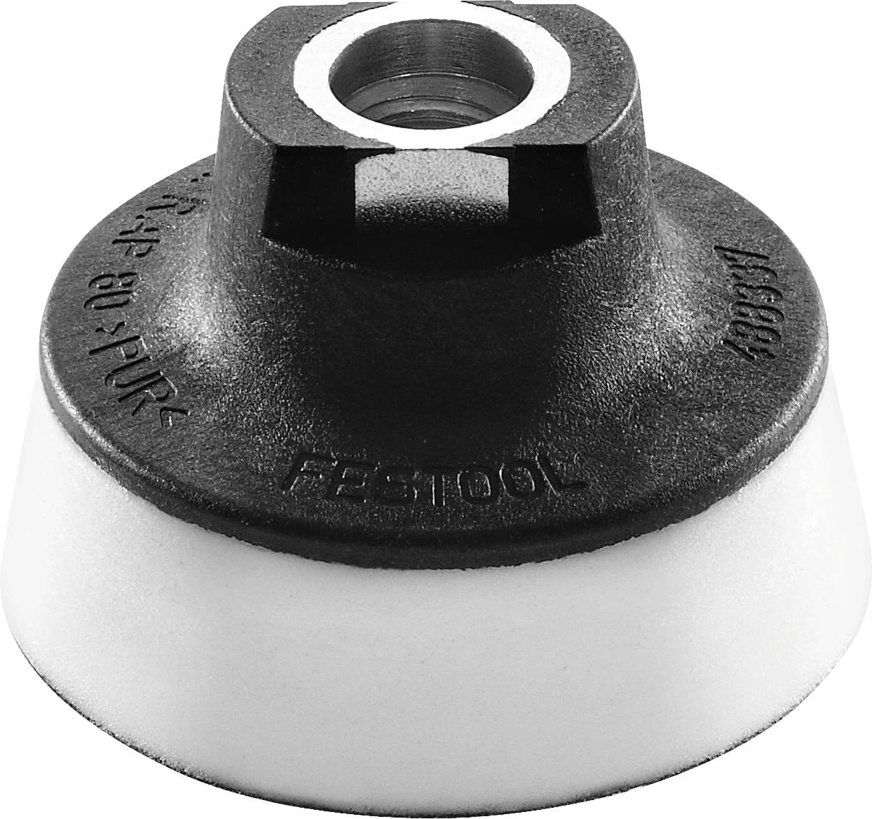 Ein schwarz-weiß gestreifter Festool-Schleifteller mit Gewindeeinsatz aus Metall, der zum Anbringen an Elektrowerkzeugen zum Schleifen von Oberflächen verwendet wird.
