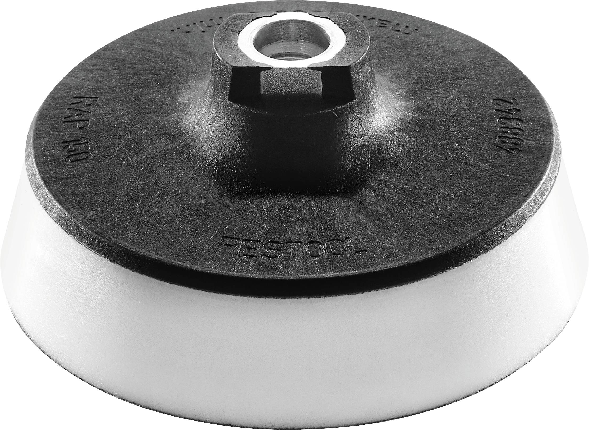 Ein schwarzes Schleifpad mit weißer Grundfläche, mit einem zentralen Befestigungsloch und geprägt mit dem Markennamen.