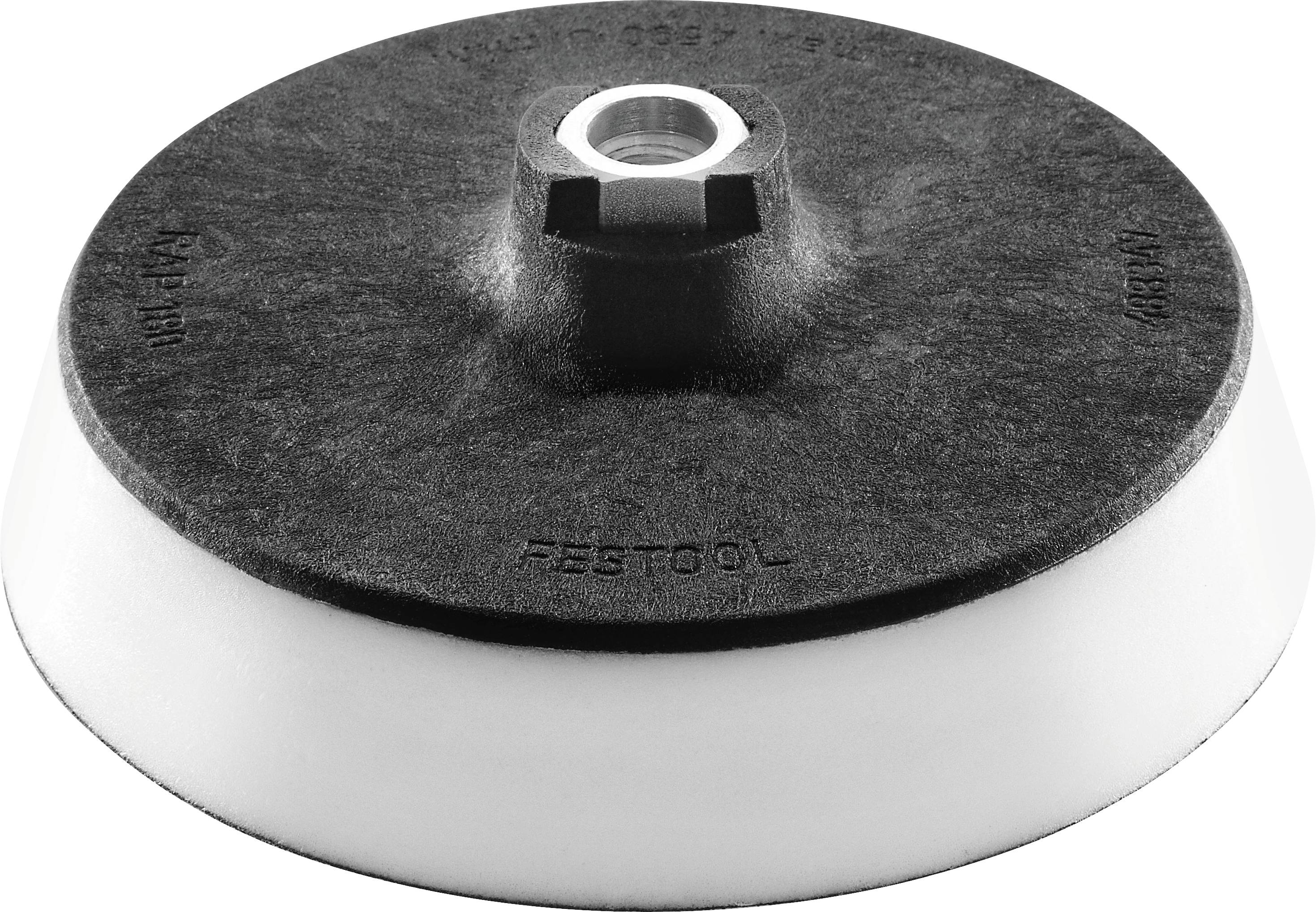 Ein schwarzes und weißes Werkzeugzubehör, wahrscheinlich eine Schleifteller für einen Schleifer, mit einem zentralen Gewindeloch zur Befestigung.
