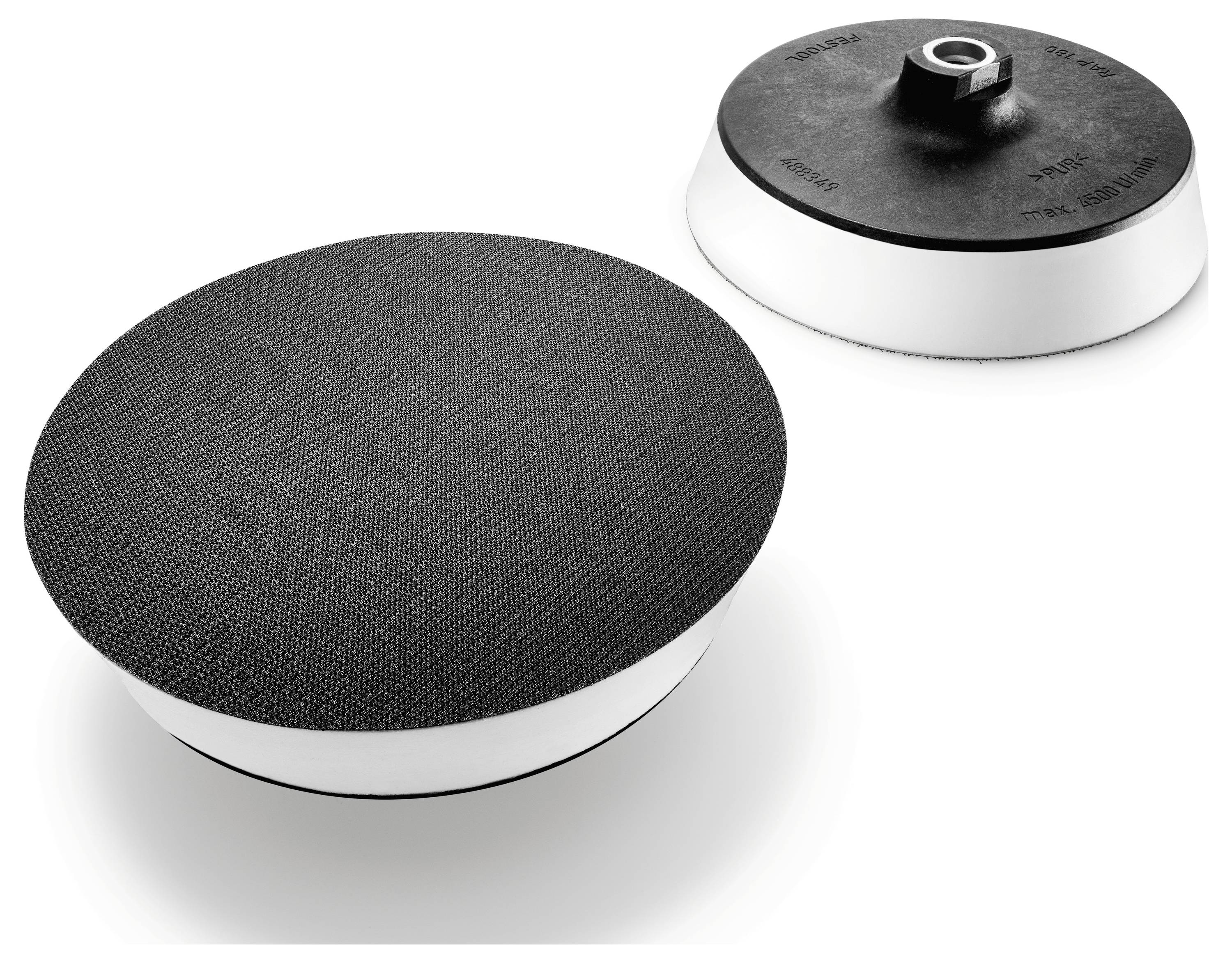 Eine schwarz-weiße runde Schleifscheibe mit strukturierter Oberfläche, dargestellt aus zwei Winkeln, die die Ober- und Unterseite zeigen.