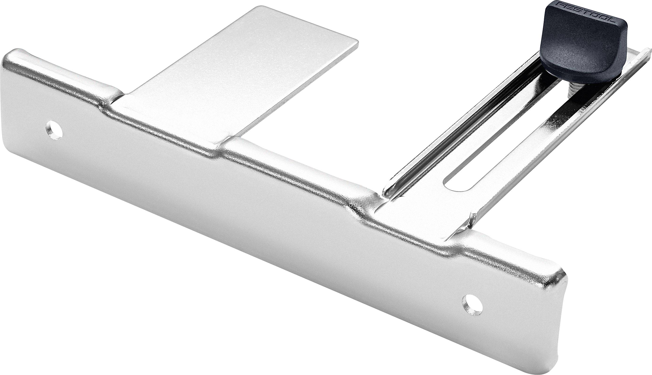 Metallklammer mit zwei Bohrungen zur Montage, mit verriegelbarem schwarzem Riegel auf der rechten Seite. Wird in Hardwareinstallationen verwendet.