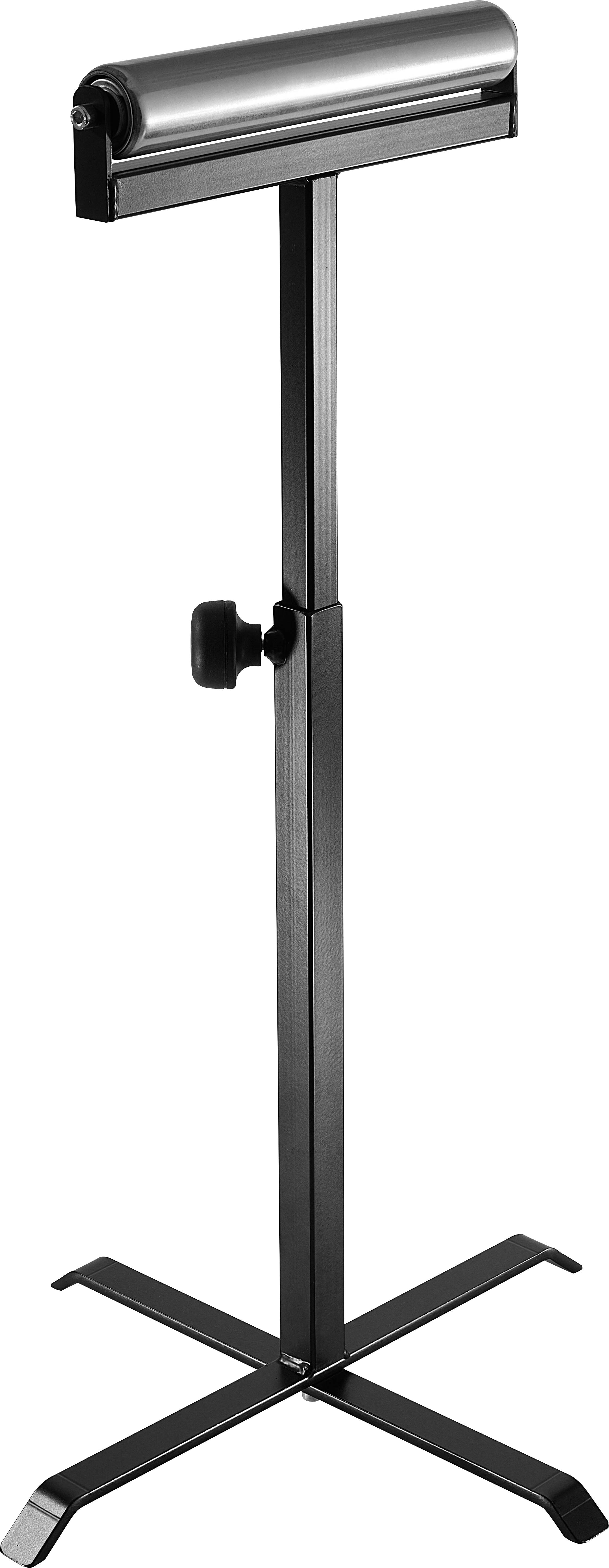 Ein hohes, schwarzes, verstellbares Gestell mit einer U-förmigen Oberseite und einer stabilen Basis, wahrscheinlich zum Halten oder Anzeigen eines Objekts.