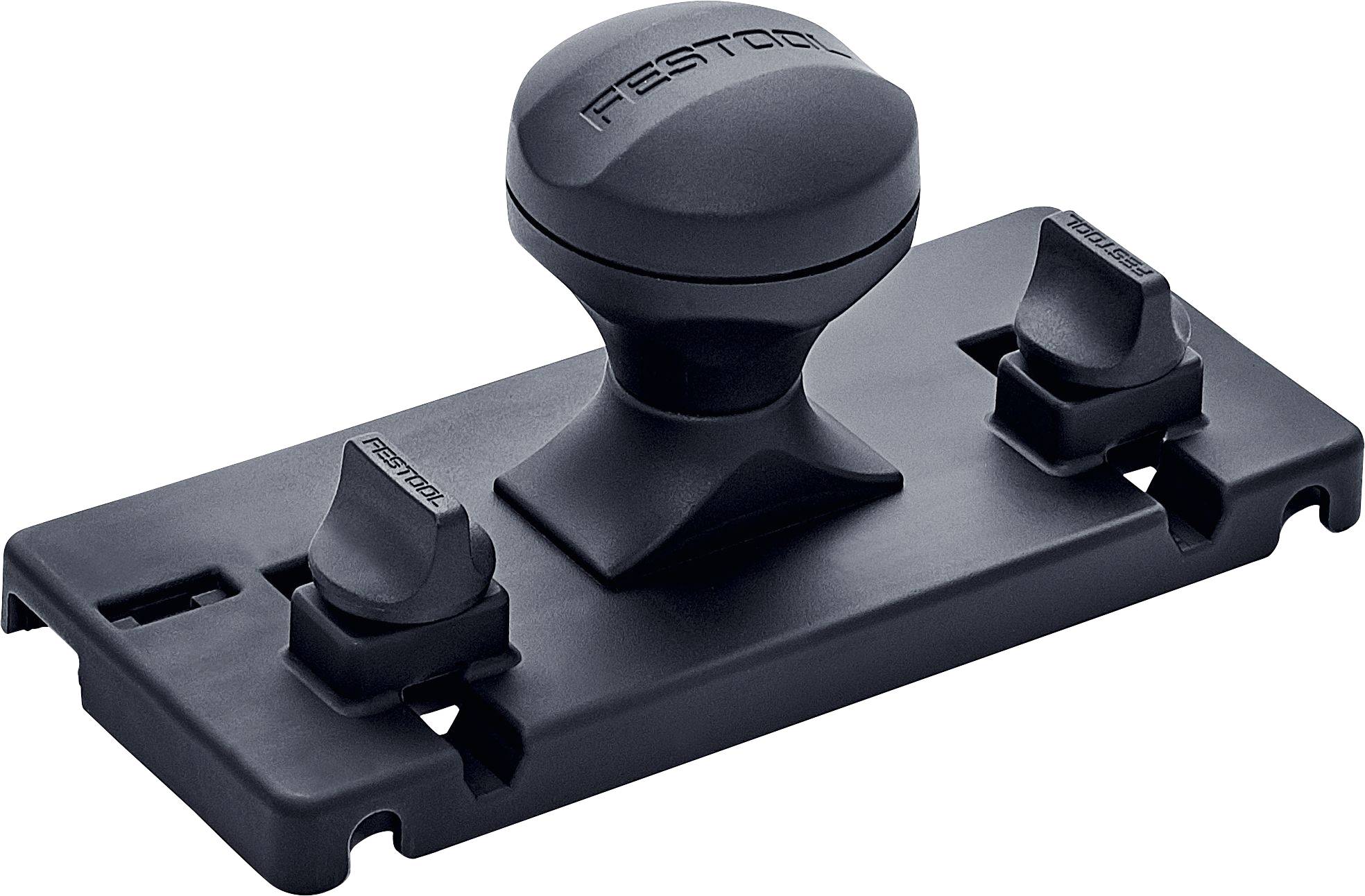 Ein schwarzes Festool-Zubehörteil mit einem Griff und verstellbaren Knöpfen, das zum Befestigen von Materialien verwendet wird, gezeigt auf weißem Hintergrund.