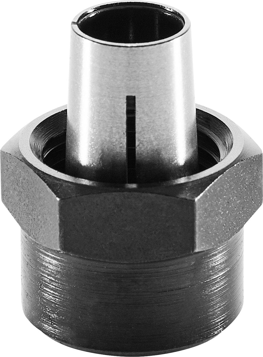 Nahaufnahme eines metallischen Industriesteckers mit zylindrischem Gehäuse und Gewindelochanschluss, konstruiert für sichere Befestigung in Maschinen.