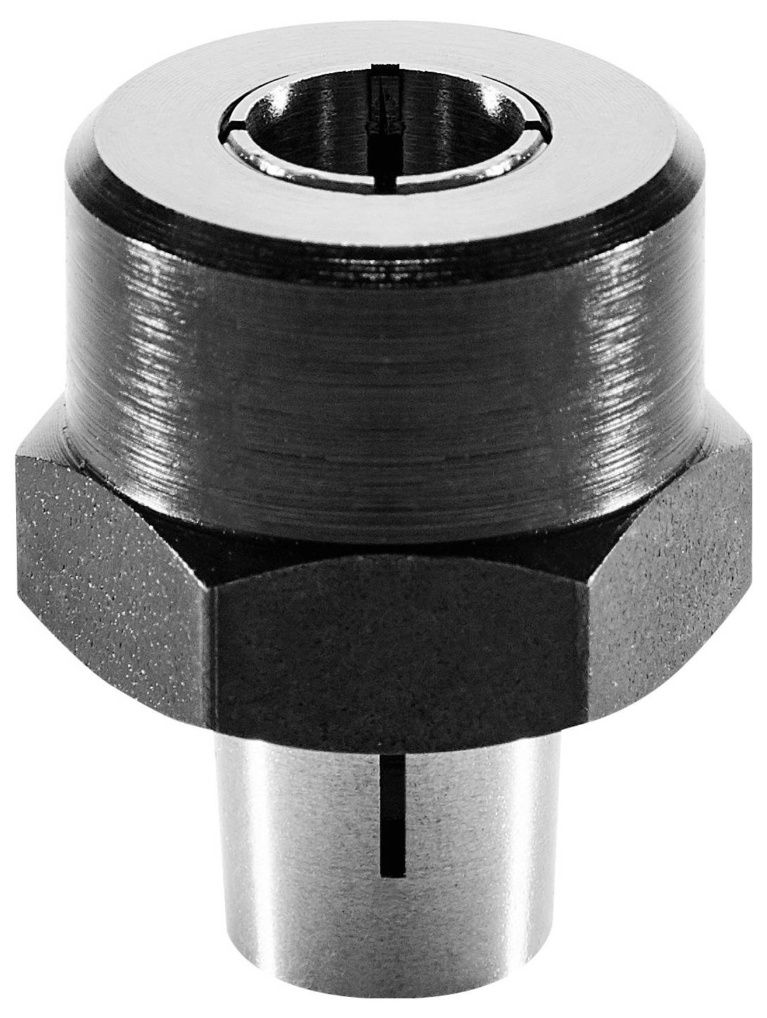 Ein Metallrohrverbinder mit gewindeltem Oberteil und sechseckiger Basis, entworfen für sichere Befestigung in Sanitär- oder Industrieanwendungen.