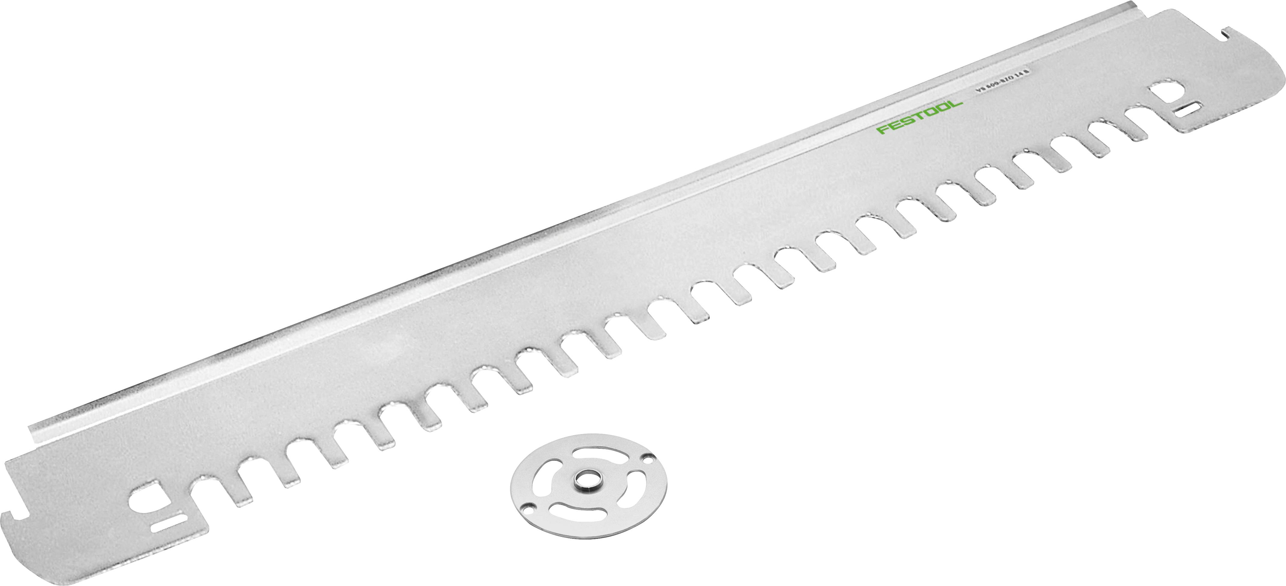 Ein silbernes Festool-Zubehörteil mit gezackten Kanten und einer kleinen kreisförmigen Metallkomponente, das für Holzbearbeitungs- oder Schneidanwendungen verwendet wird.