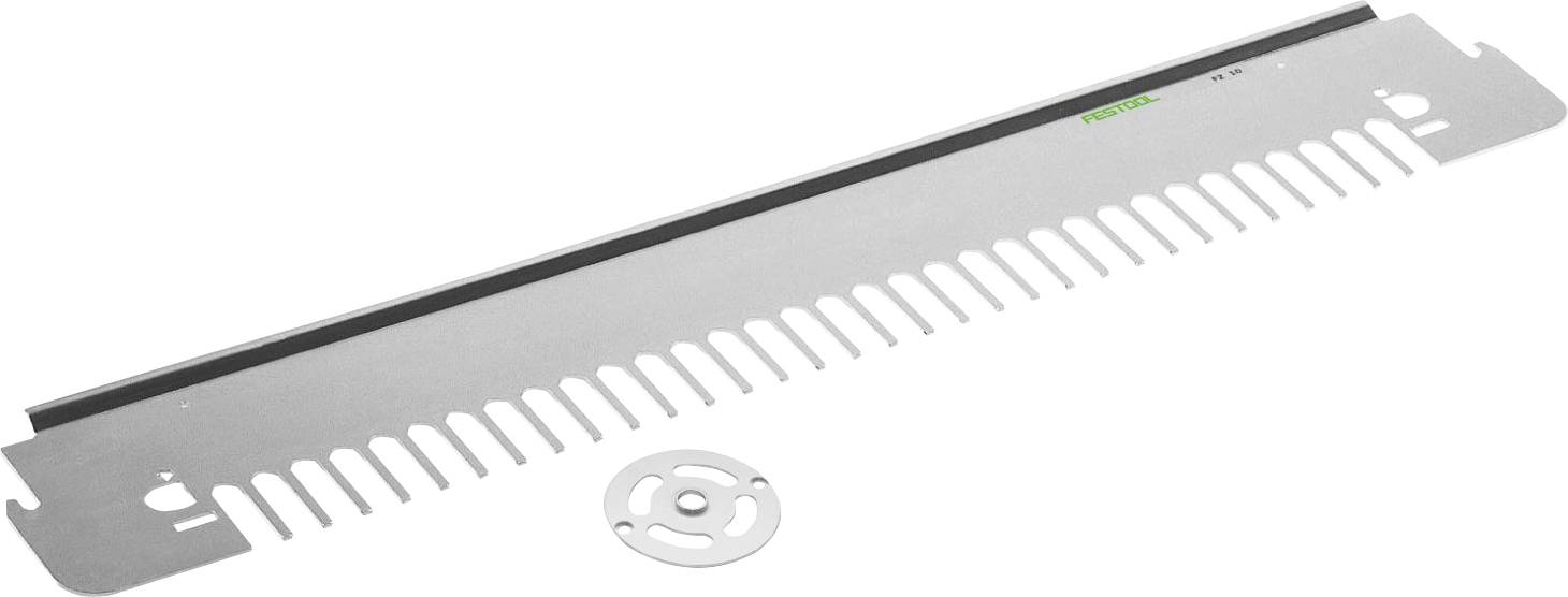 Ein Metalllineal mit gleichmäßig verteilten Kerben, einem Gummistreifen oben und einem kreisförmigen Metallstück daneben, entwickelt für präzise Schneidaufgaben.