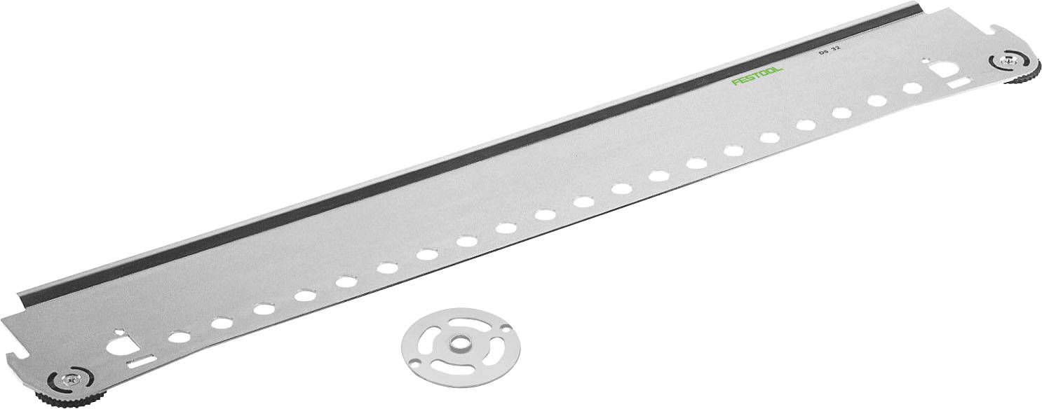 Ein Metallsägeblattführer mit Löchern entlang seiner Länge, eine zahnradähnliche Komponente an jedem Ende und ein separates rundes Metallteil darunter.