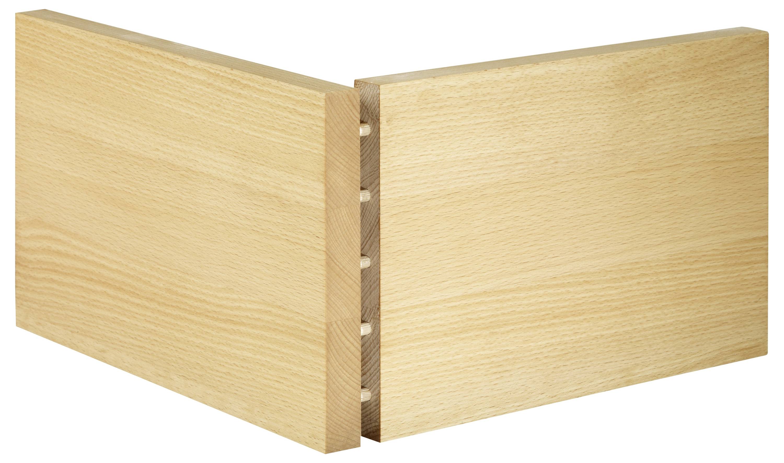 Zwei Holzbretter, die in einem rechten Winkel mit Hilfe einer Zapfenverbindung verbunden sind, zeigen eine Holzbearbeitungstechnik zum Schaffen von stabilen Ecken.