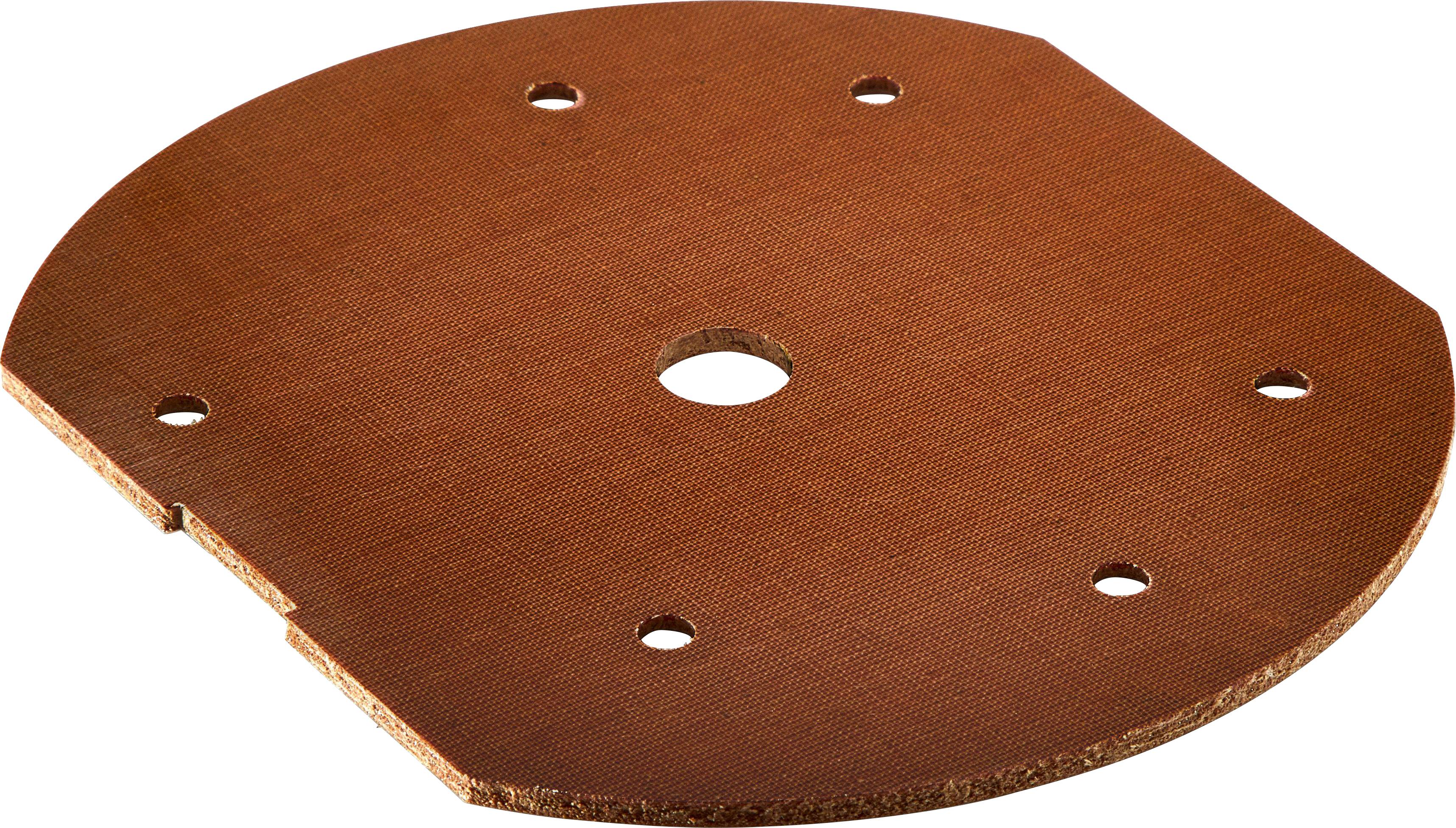 Runde braune Hartfaserplatte mit einem zentralen Loch und fünf gleichmäßig verteilten kleineren Löchern in der Nähe des Randes; wird zur elektrischen Isolierung verwendet.