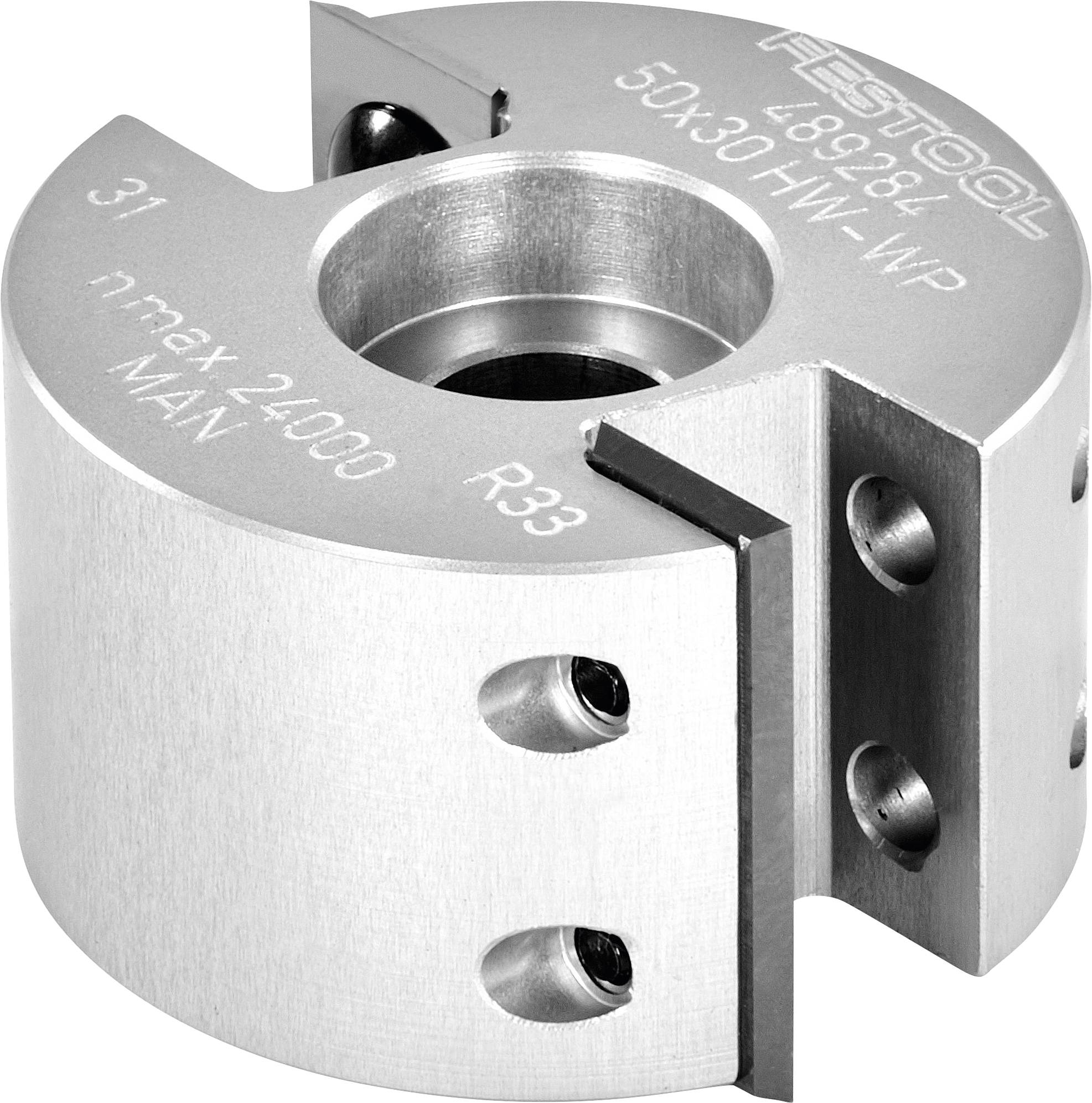 Ein metallisches zylindrisches Werkzeug mit eingravierter Information, das Löcher und einen Ausschnitt aufweist und für die Holzbearbeitung verwendet wird.