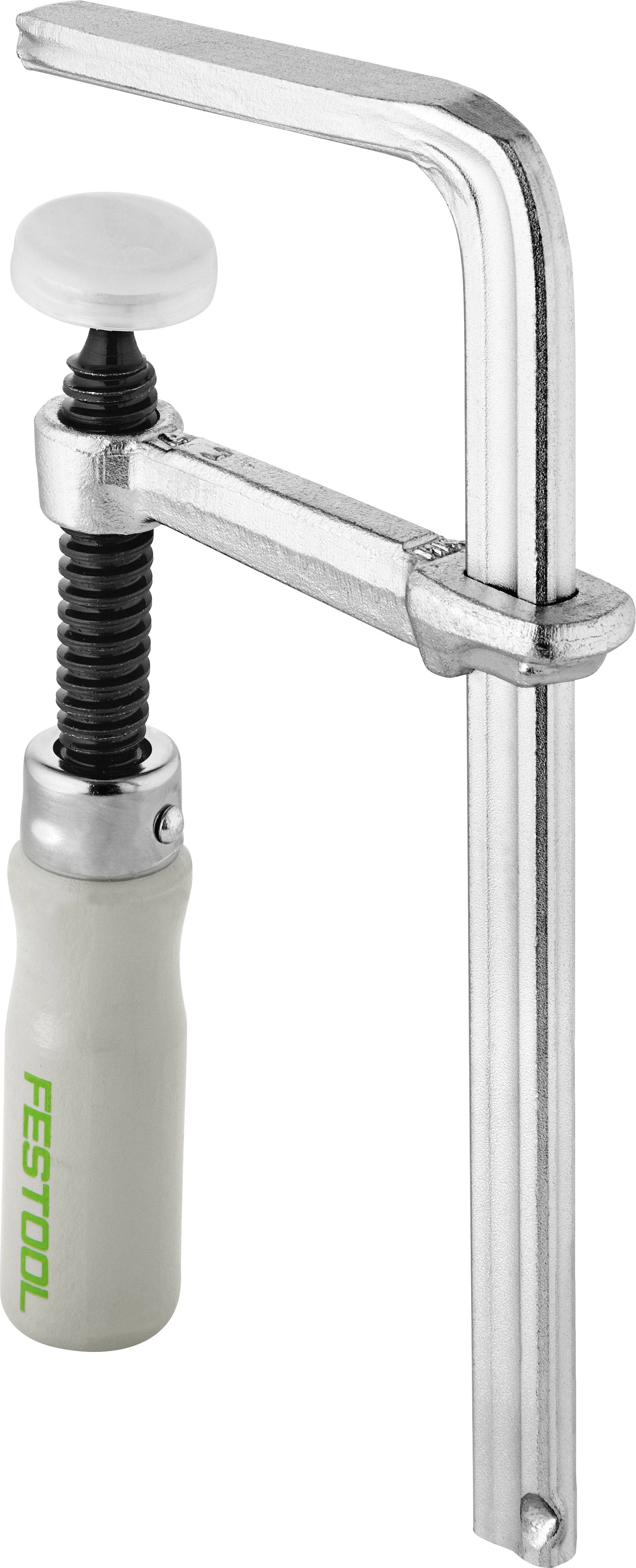 Eine Festool-Spannzwinge mit einem Metallarm und einem weißen Griff, die zum Fixieren von Materialien beim Holzbearbeiten oder beim Montieren verwendet wird.