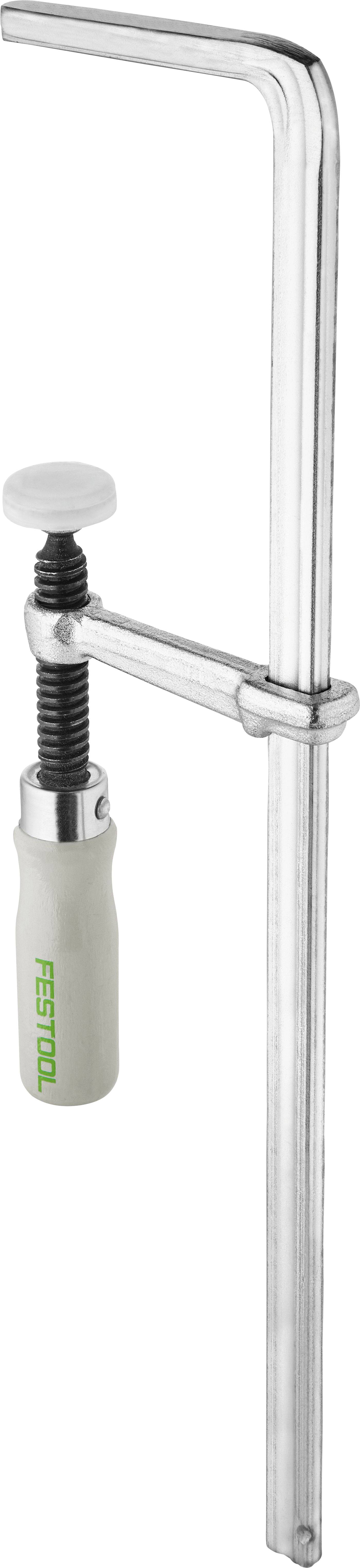 Eine Metallschraubzwinge mit langem Griff und weißem Kunststoffgriff, verwendet zum Sichern von Materialien.