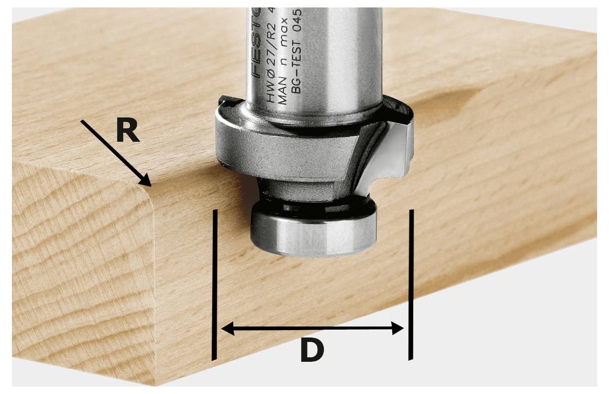 A router bit with dimensions 'R' for radius and 'D' for diameter is shown against a piece of wood, indicating edge trimming.