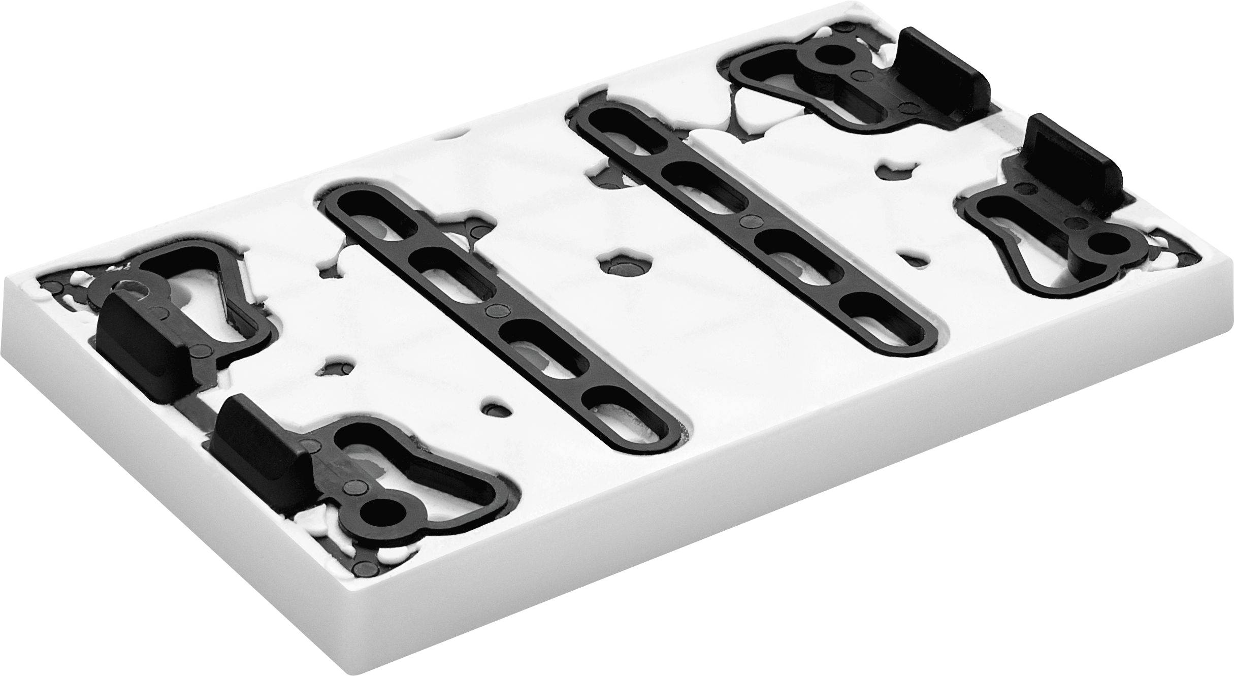 Eine weiße Prothesenkomponente mit mehreren schwarzen Metallverbindern und Schlitzen, die in einem symmetrischen Muster angeordnet sind und für die Montage ausgelegt ist.