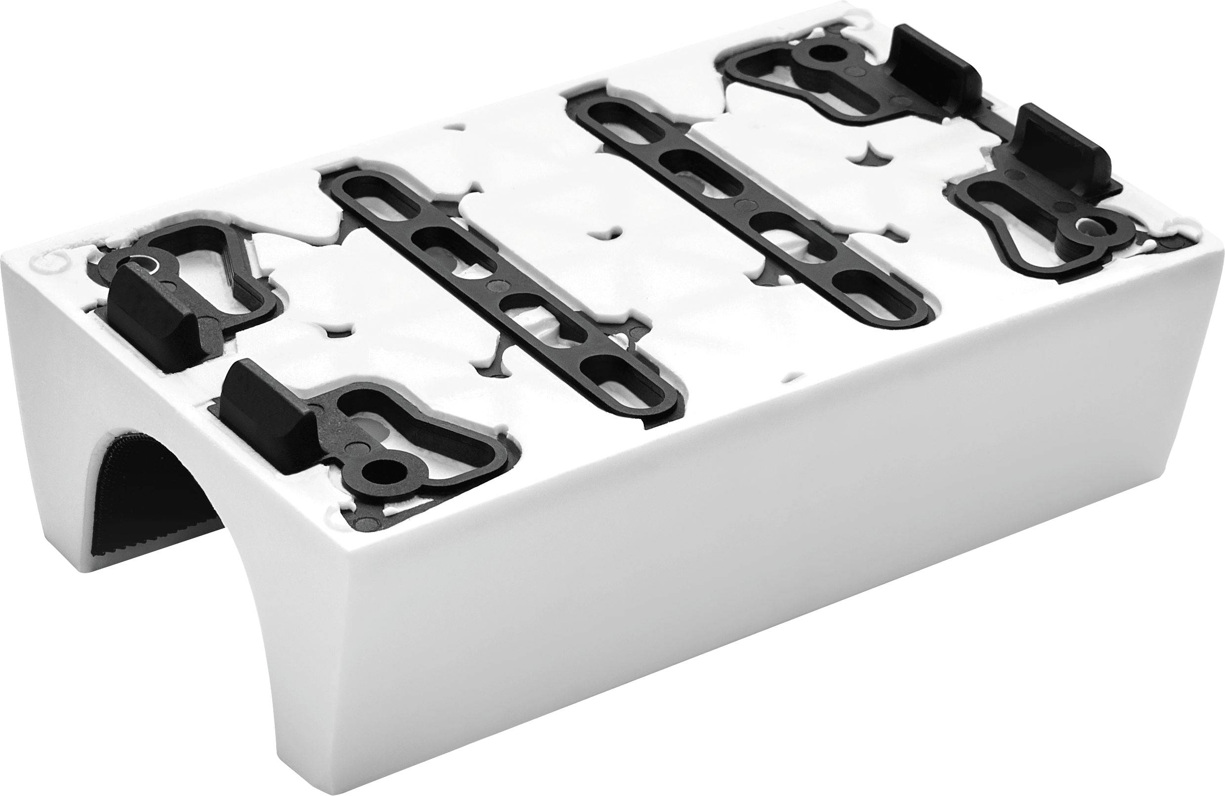 Eine weiße, rechteckige 3D-Drucker-Bett-Nivellierungssensor-Halterung mit schwarzen, verstellbaren Haltern oben.