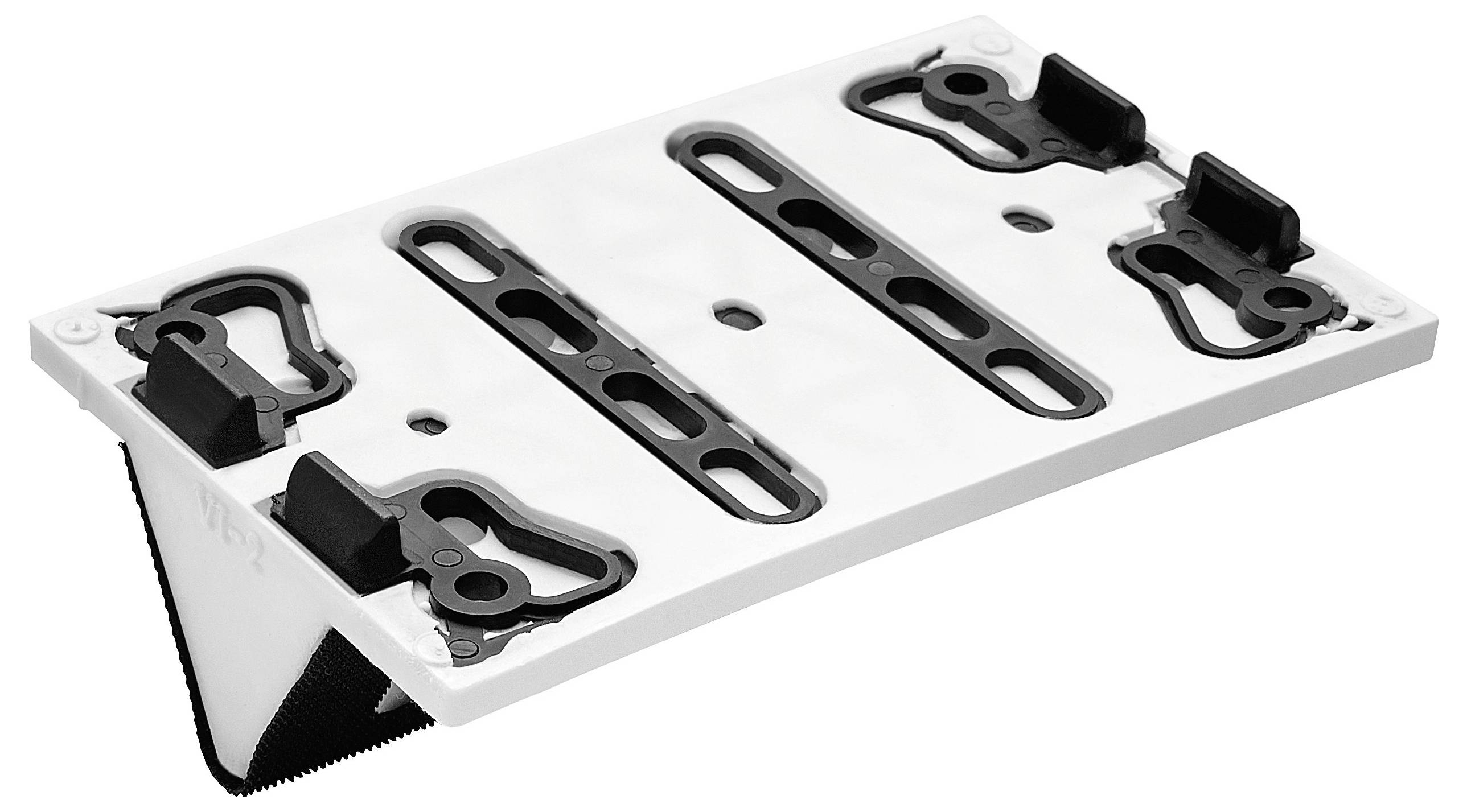 A folding table leg mechanism with slots for adjustment and black rubber grips.