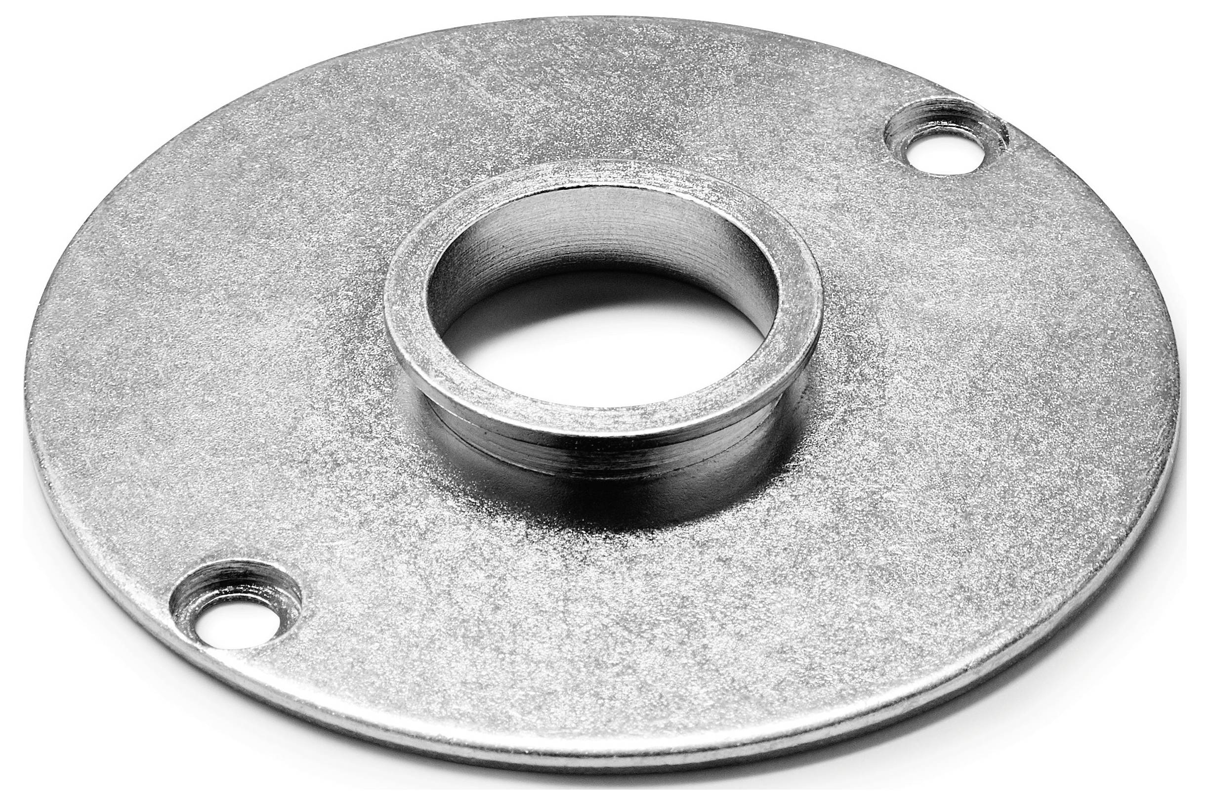 Ein kreisförmiger Metallflansch mit zwei Schraubenlöchern und einem erhabenen zentralen Nabe, verwendet zum Verbinden von Rohren oder Komponenten in mechanischen Systemen.