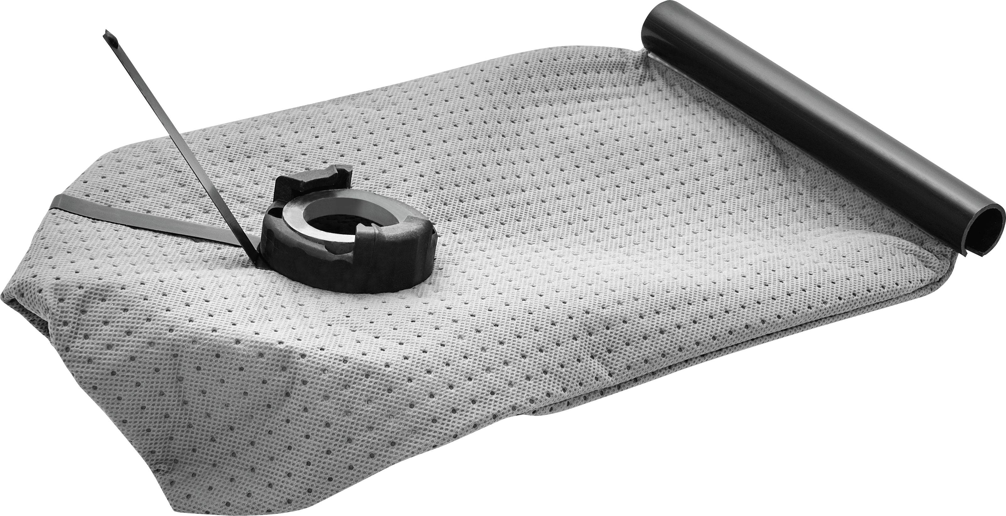 Ein zylindrischer Aktivkohlefilter aus Kunststoffbeutel, grau mit Perforationen, befestigt an schwarzen Kunststoffverbindern für ein Luftreinigungssystem.