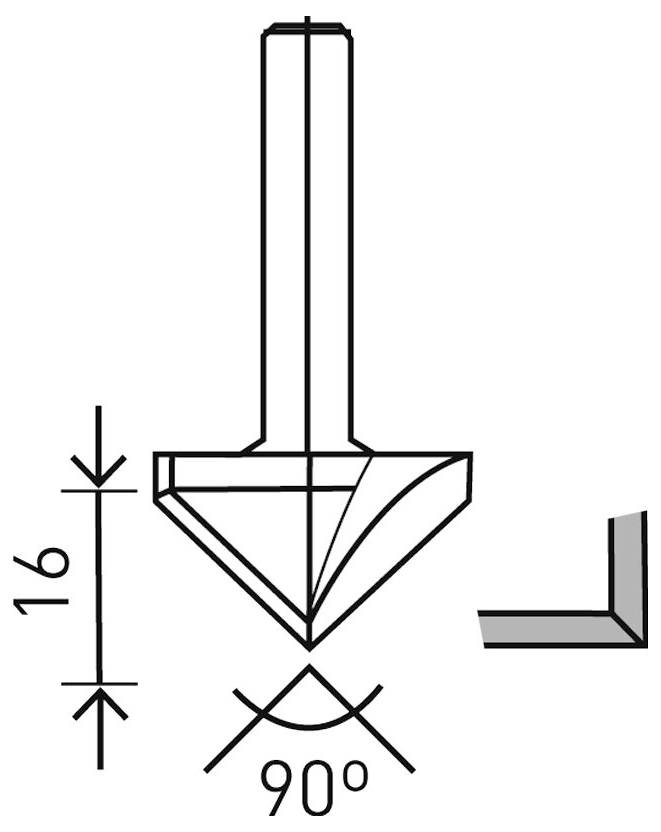Ein Diagramm eines 90-Grad-V-förmigen Fräsers mit einer Tiefe von 16 mm, dargestellt in Vorder- und Seitenansicht.