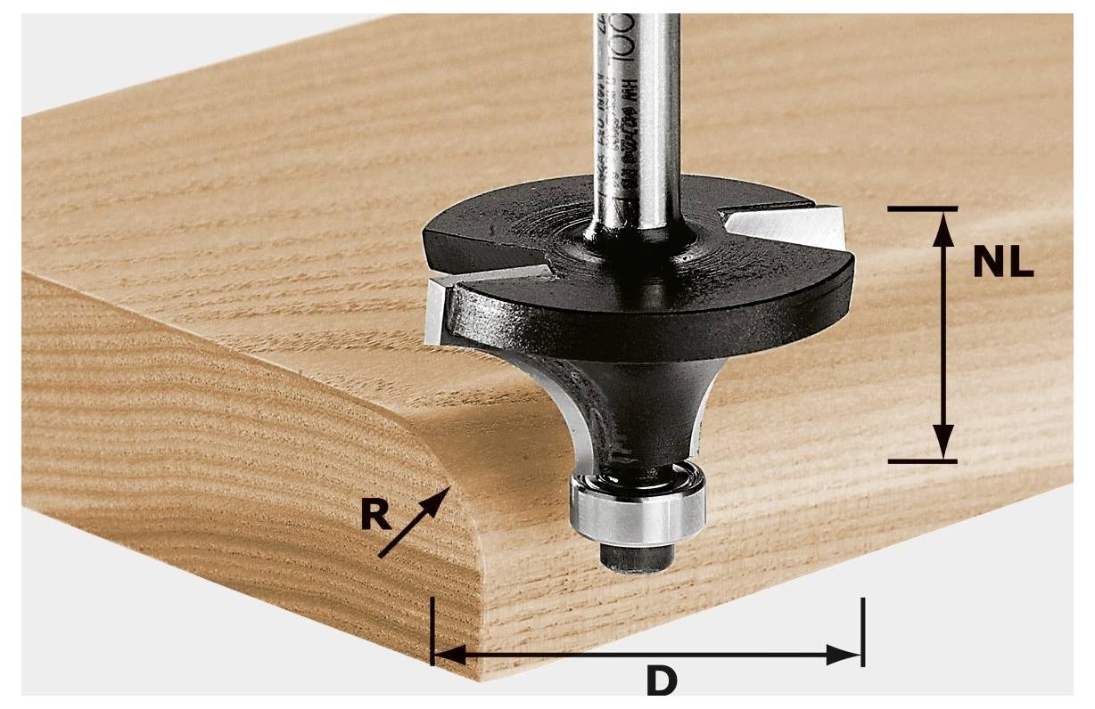 Ein Oberfräser mit Rundungsform ist dabei abgebildet, wie er die Kante eines Holzbretts bearbeitet. Pfeile zeigen den Radius (R) und die Tiefe (D) des Schnitts an.