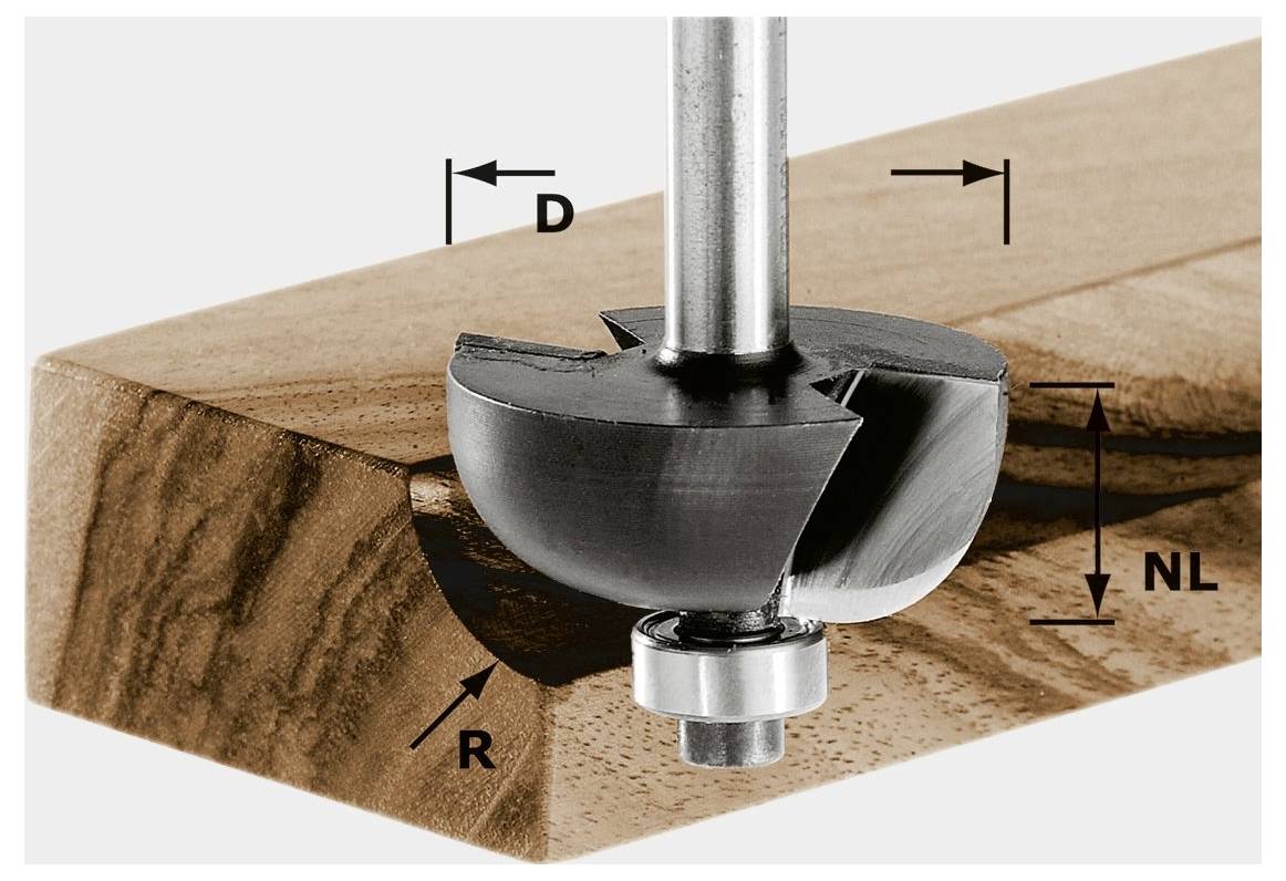 Ein Kantenrundungsfräser in Aktion, der die Kante eines Holzbretts glättet. Beschriftungen zeigen Radius (R), Durchmesser (D) und Nase Länge (NL).