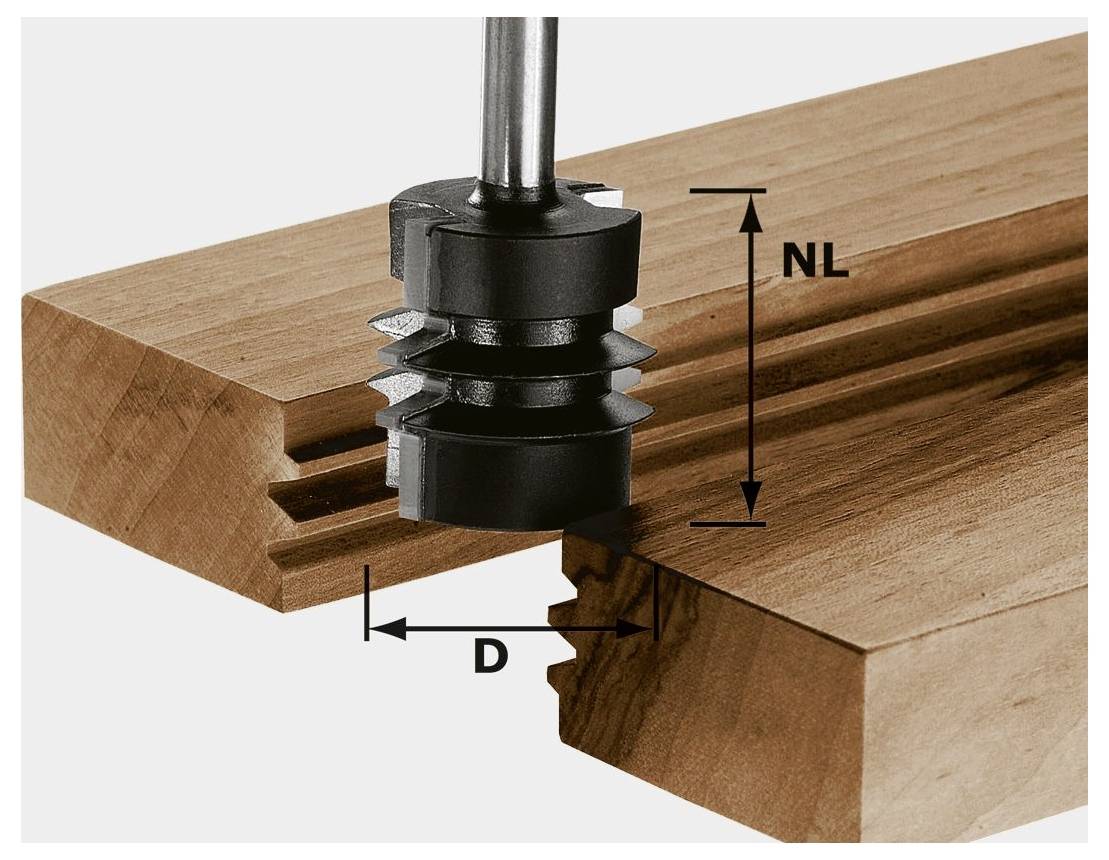 A woodworking tool with labeled dimensions 'NL' for height and 'D' for diameter is shown cutting grooves in wood.
