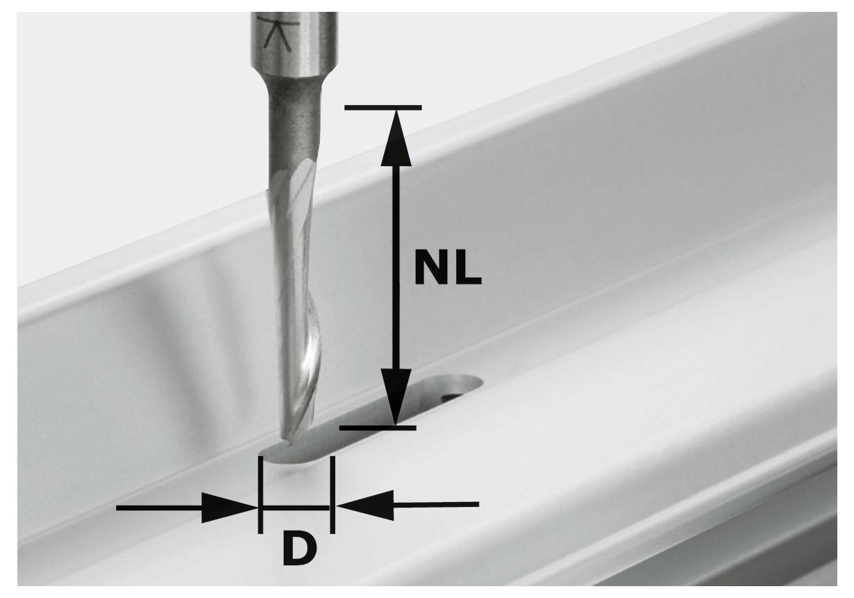 Ein Metallbohrer, der über einem verlängerten Loch in einer metallischen Oberfläche positioniert ist, mit Abmessungen, die als „NL