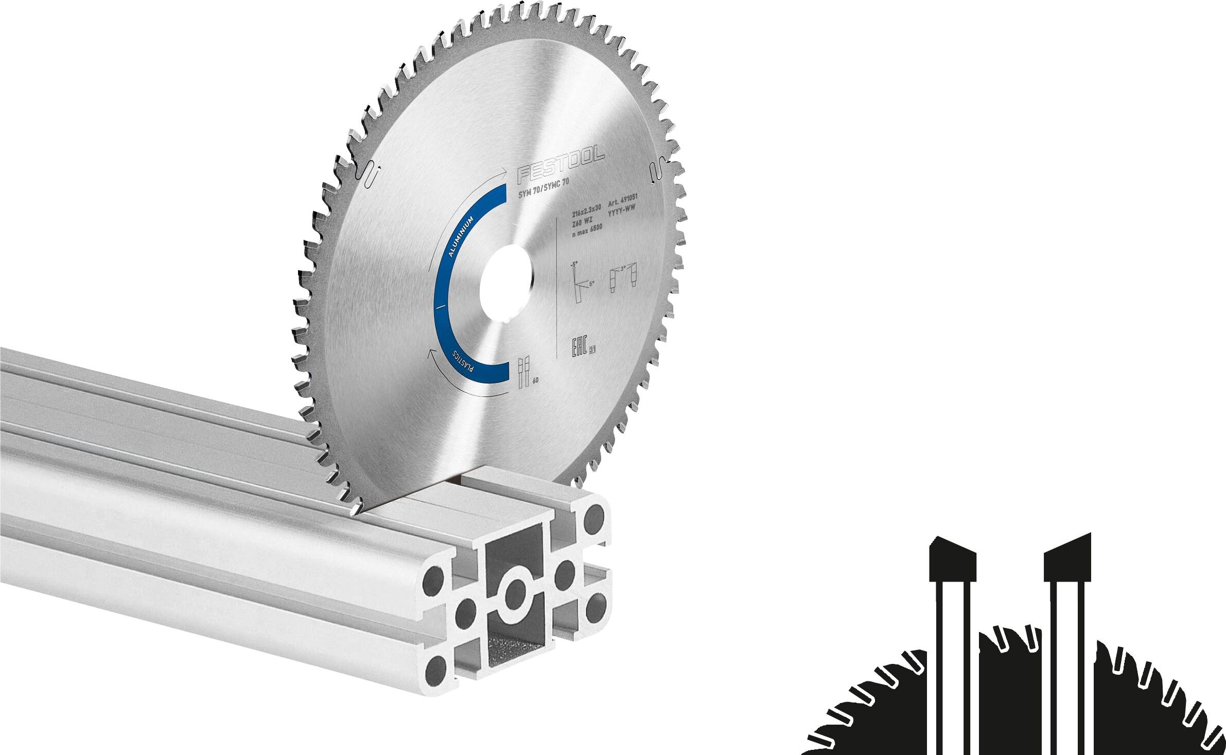 Sägeblatt auf Metallrahmen positioniert, das Schneidpräzision für industrielle Anwendungen zeigt, mit Nahaufnahme der Blattkante auf der rechten Seite.