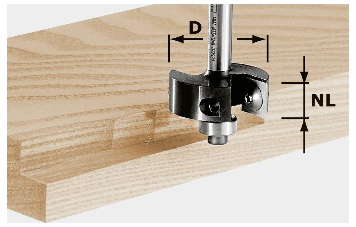 Bohrmeißel mit den Abmessungen D und NL über einer Holzoberfläche, die Messpunkte zeigt.