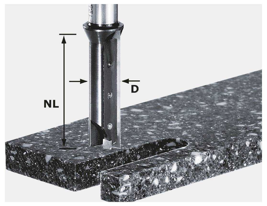 Ein Metallbohrer mit markierter Länge (NL) und Durchmesser (D) erzeugt eine Kerbe in einer strukturierten schwarzen Granit- oder Kompositplatte.