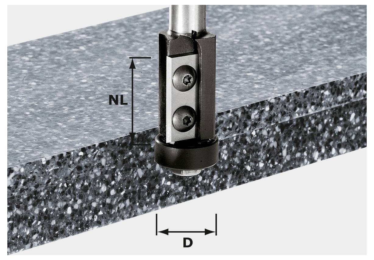 Ein Bohrmeißel, der teilweise in eine strukturierte Oberfläche eindringt, mit Pfeilen, die Messungen anzeigen: 