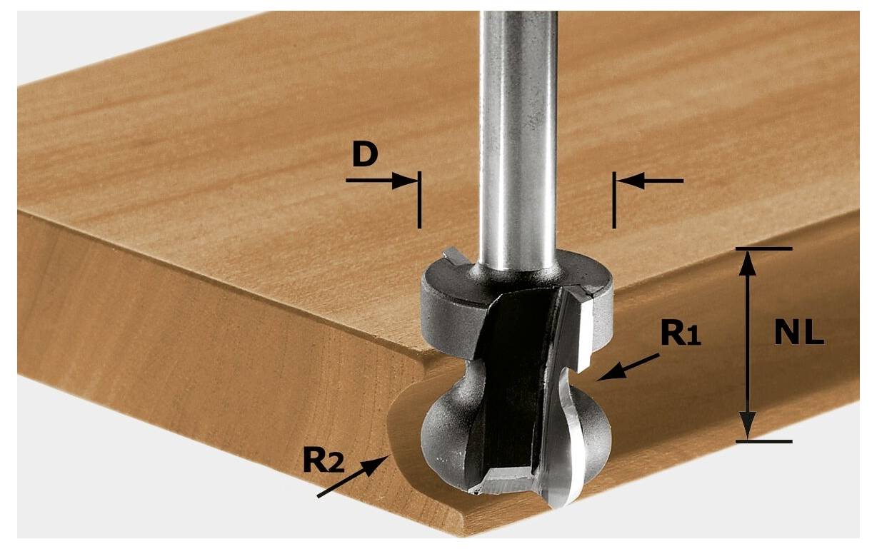 Fräser erstellt ein Kantenprofil an einem Holzstück; beschriftete Elemente umfassen D (Durchmesser), R1 und R2 (Radien) und NL (Halslänge).