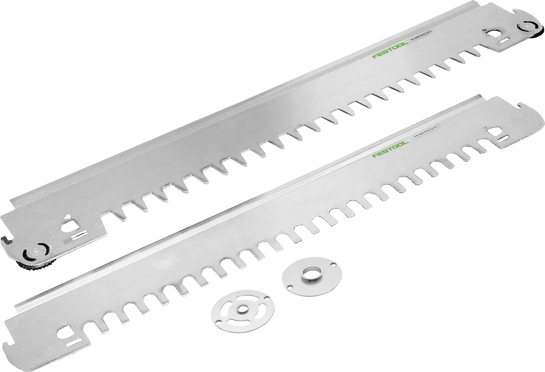 Zwei Festool-Ersatzmesser und Metallringe für eine HK-Säge. Die Messer haben gezackte Kanten und das Festool-Logo eingeprägt.