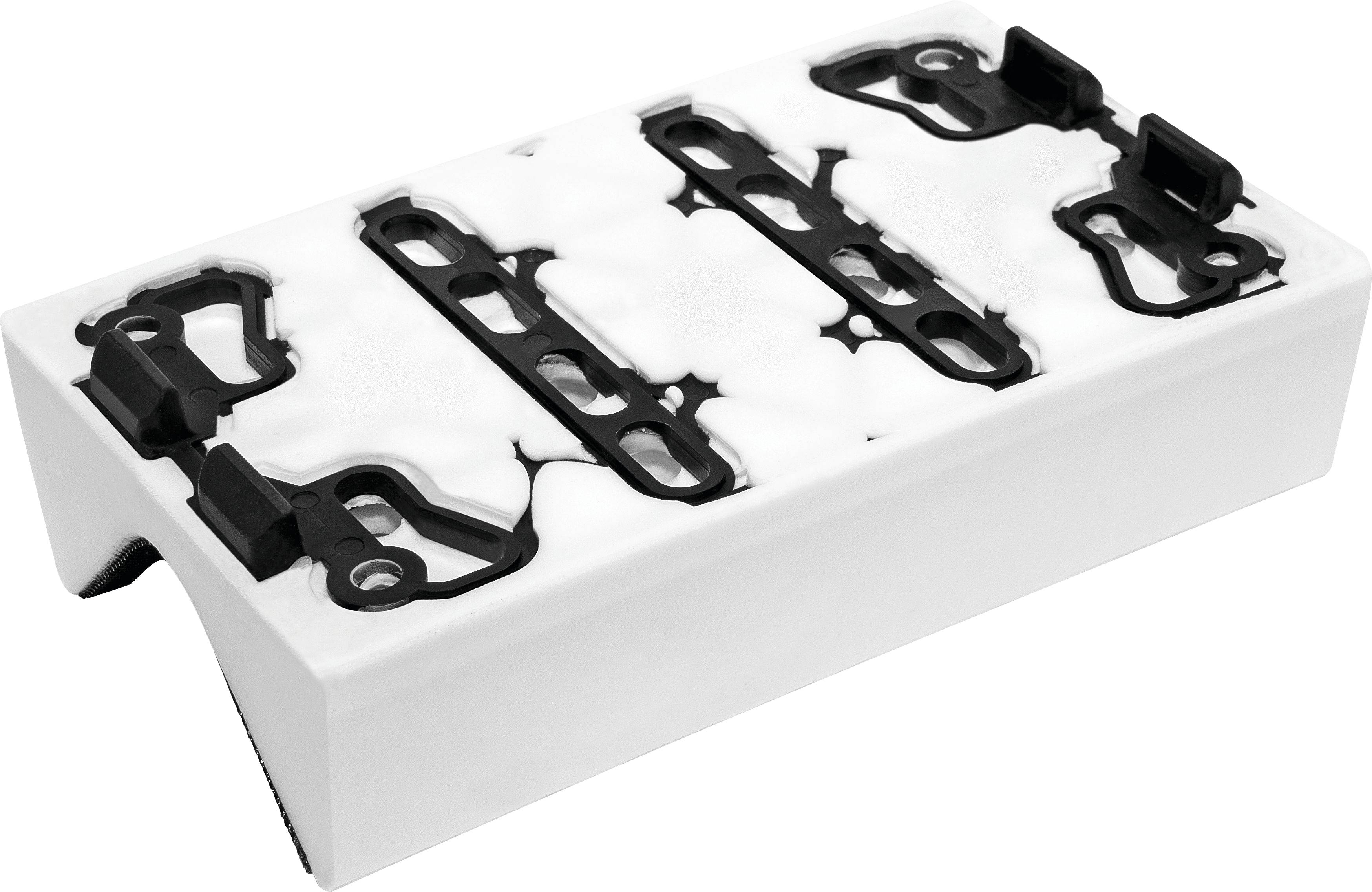 Weißes rechteckiges Schaumstoff-Tablett mit schwarzen Riemen und Haken zum Befestigen von Gegenständen.