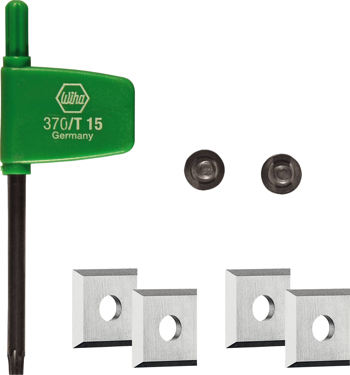 'Wiha 370/T15 Deutschland' grünes Werkzeug mit zwei runden Muttern und vier quadratischen Metallstücken.