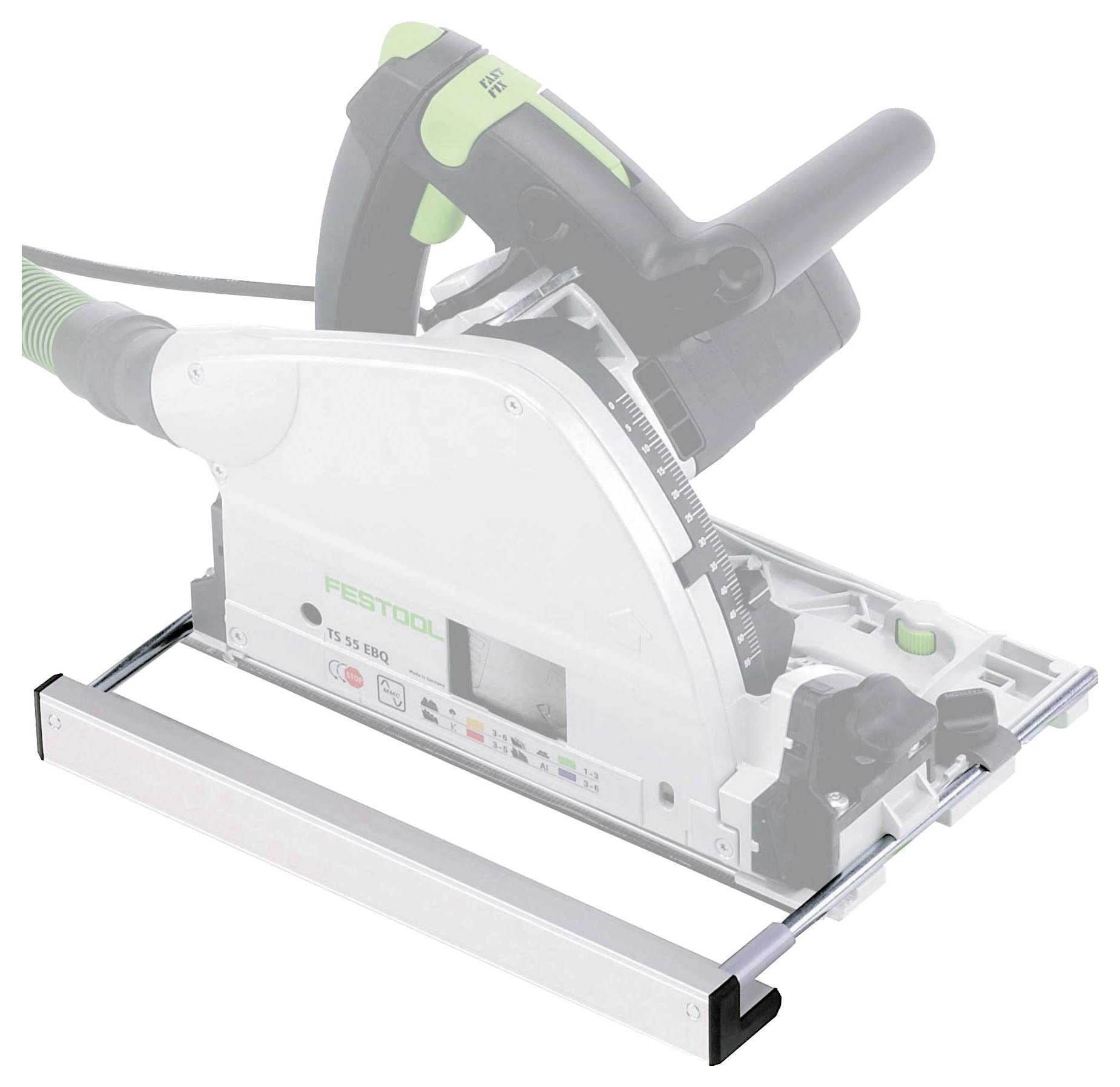 Ein Elektrowerkzeug mit Schiebemechanismus, das für präzise Holzbearbeitung verwendet wird. Das Werkzeug hat ein grün-schwarzes Design mit Messskalen.